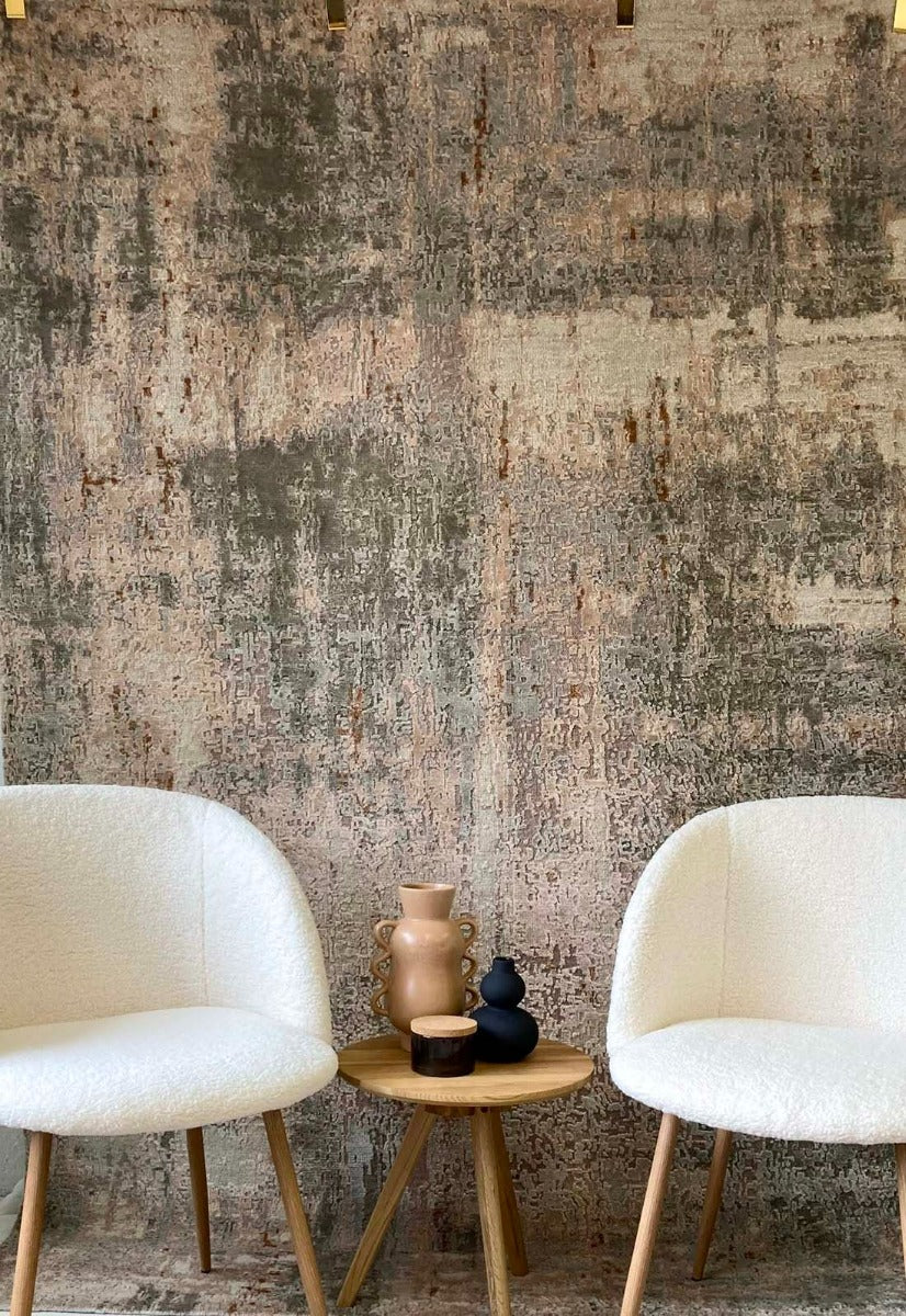 Authentic Indian rug with abstract design in antique white and pink