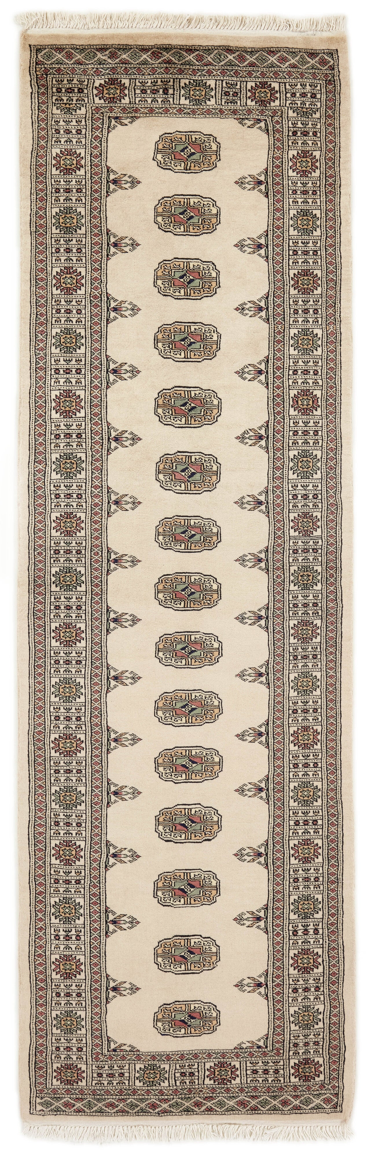 Beige Oriental runner with traditional bordered pattern