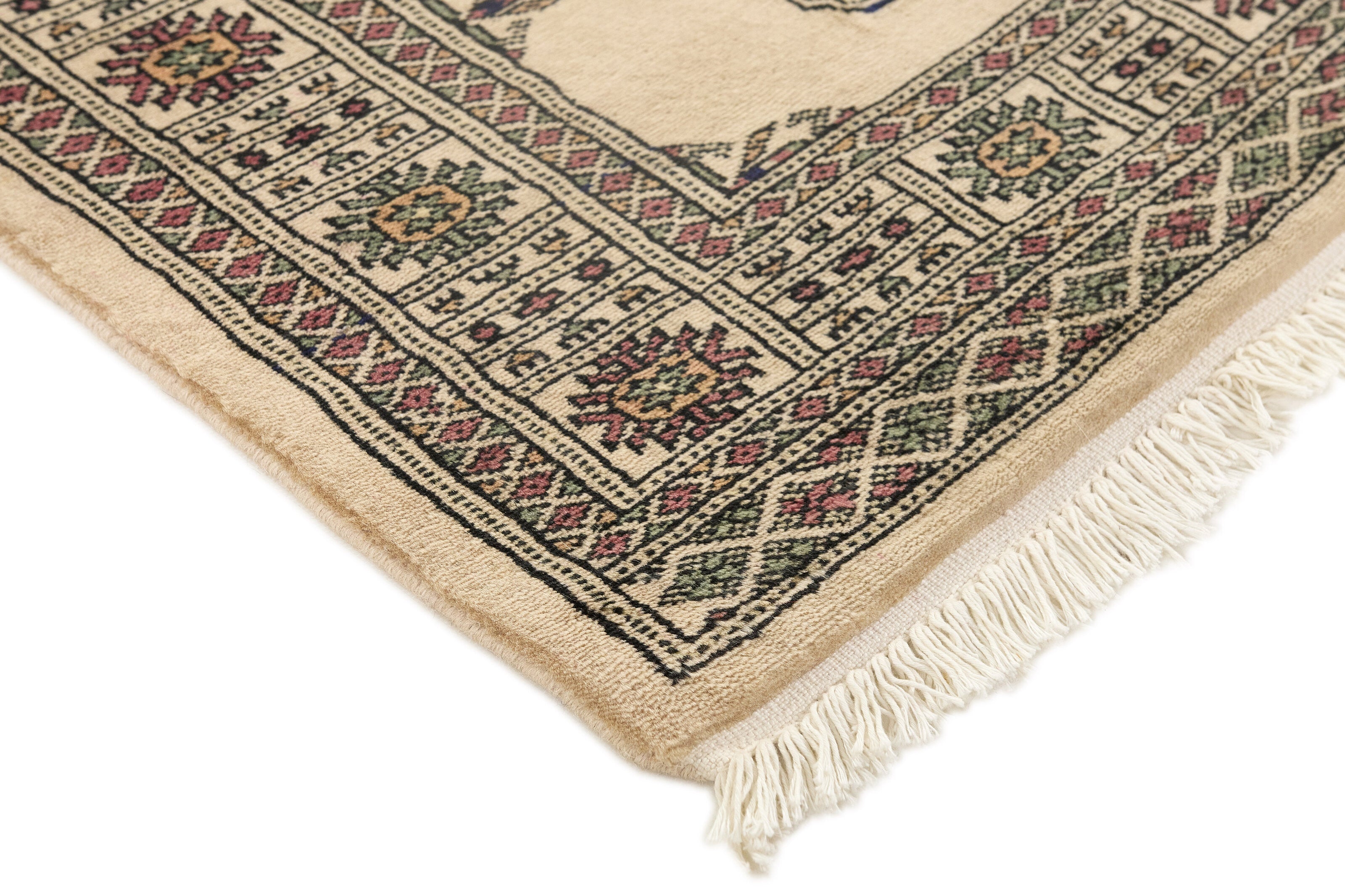 Beige Oriental runner with traditional bordered pattern