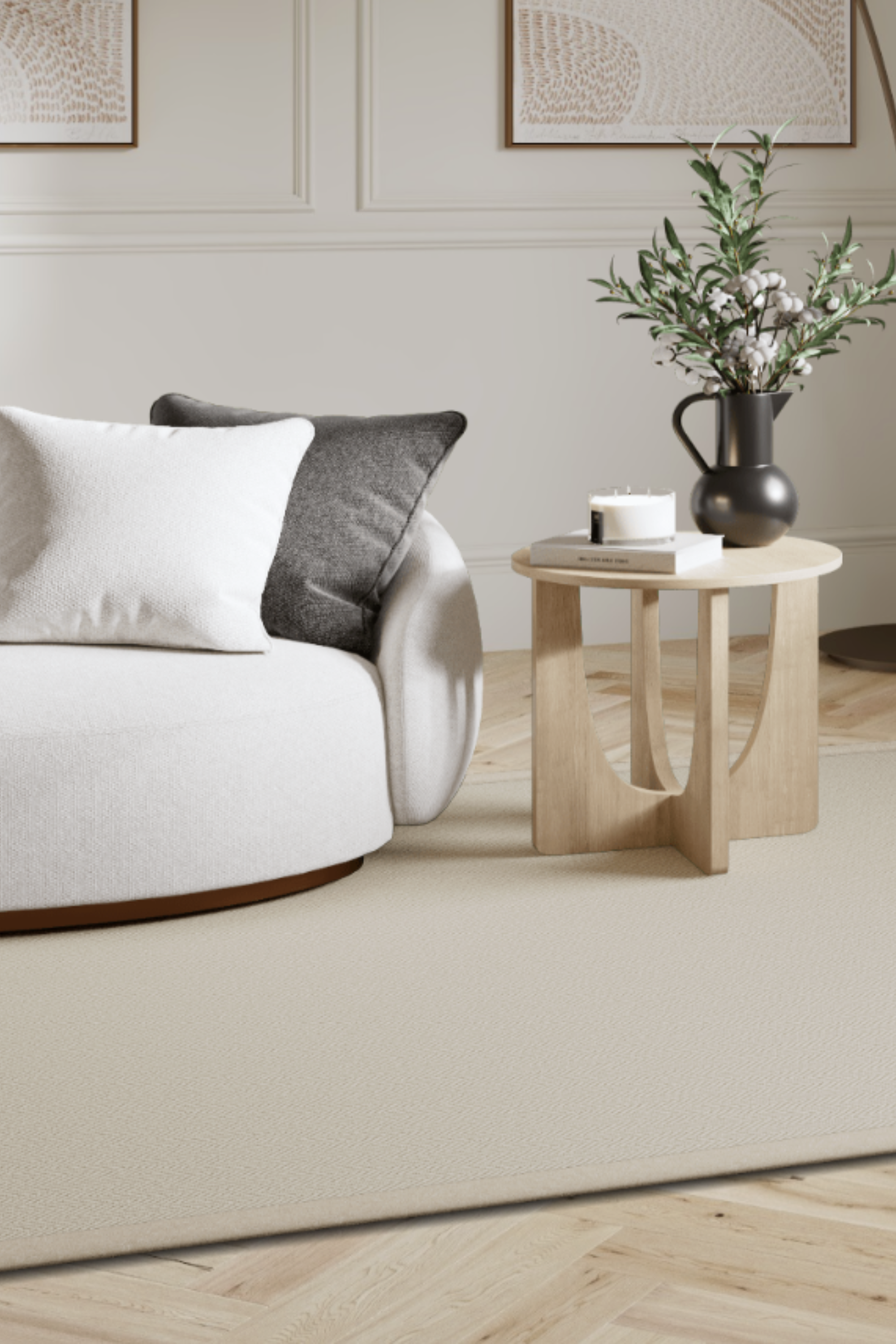 Custom Alpine Birch Wool Rug with Antique Leather Border in Pearl