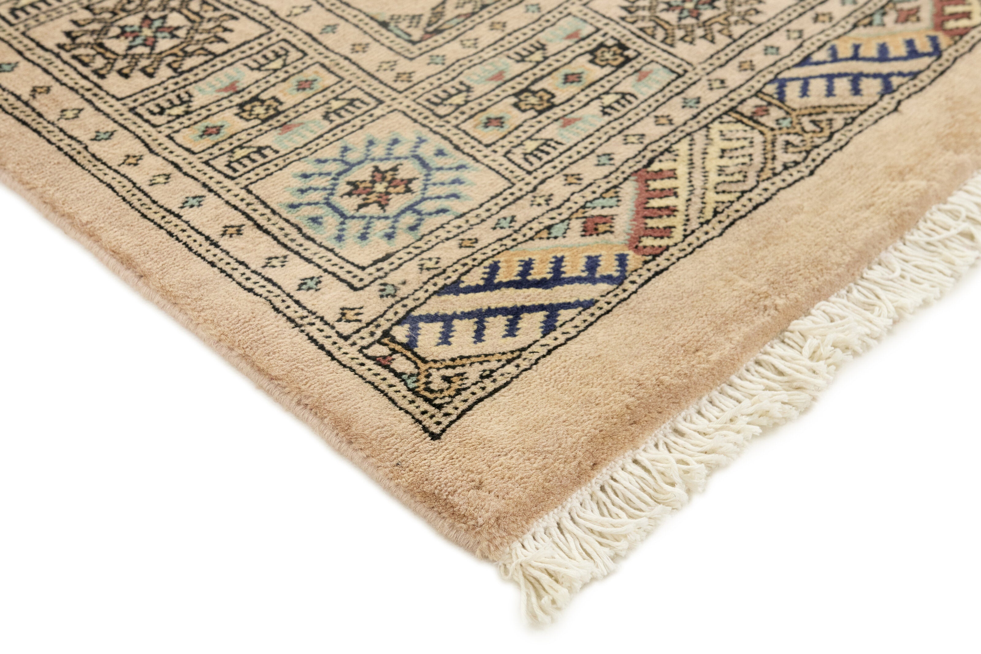 Beige Oriental runner with traditional bordered pattern
