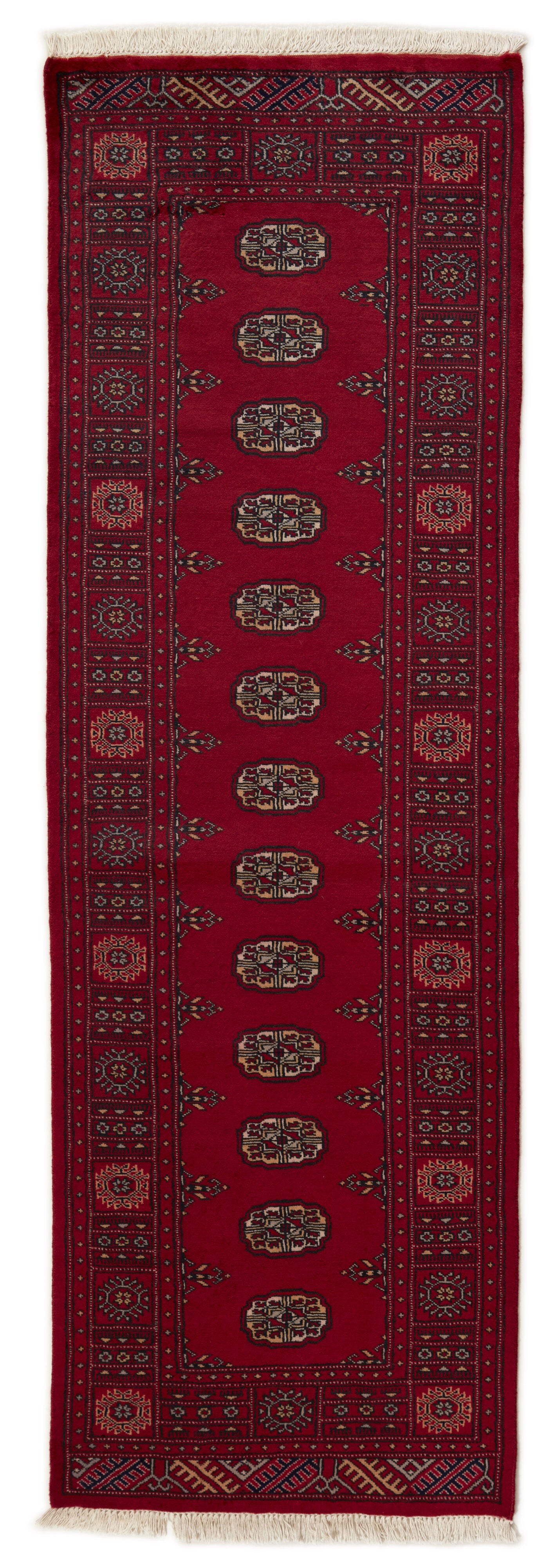 Red Oriental runner with traditional bordered pattern