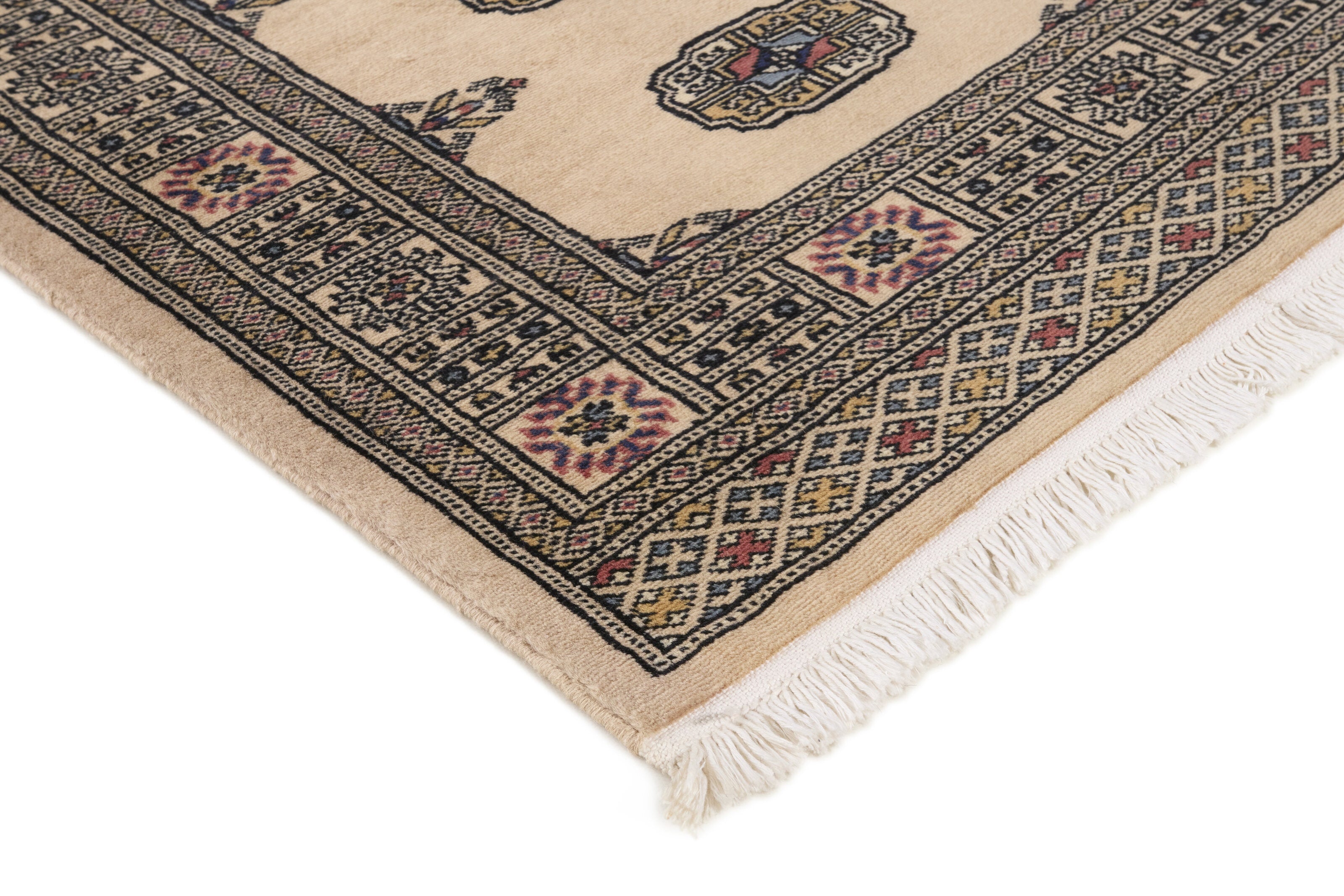 Beige Oriental runner with traditional bordered pattern
