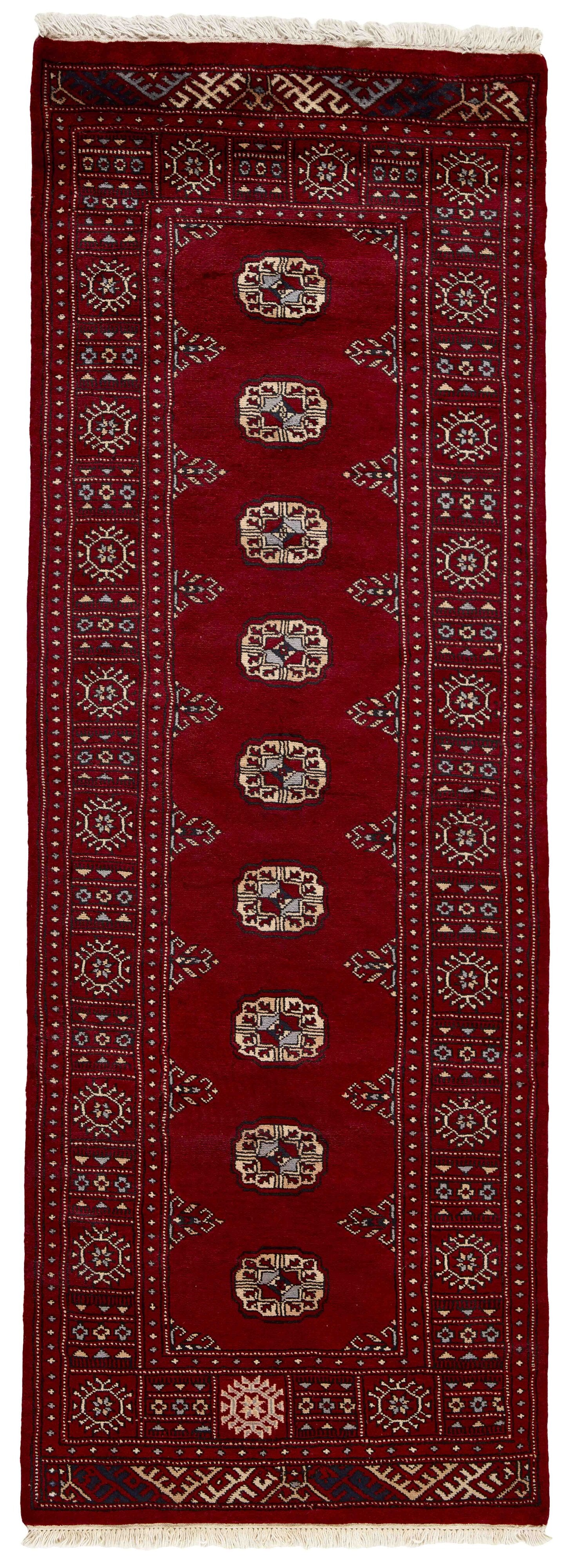 Red Oriental runner with traditional bordered pattern