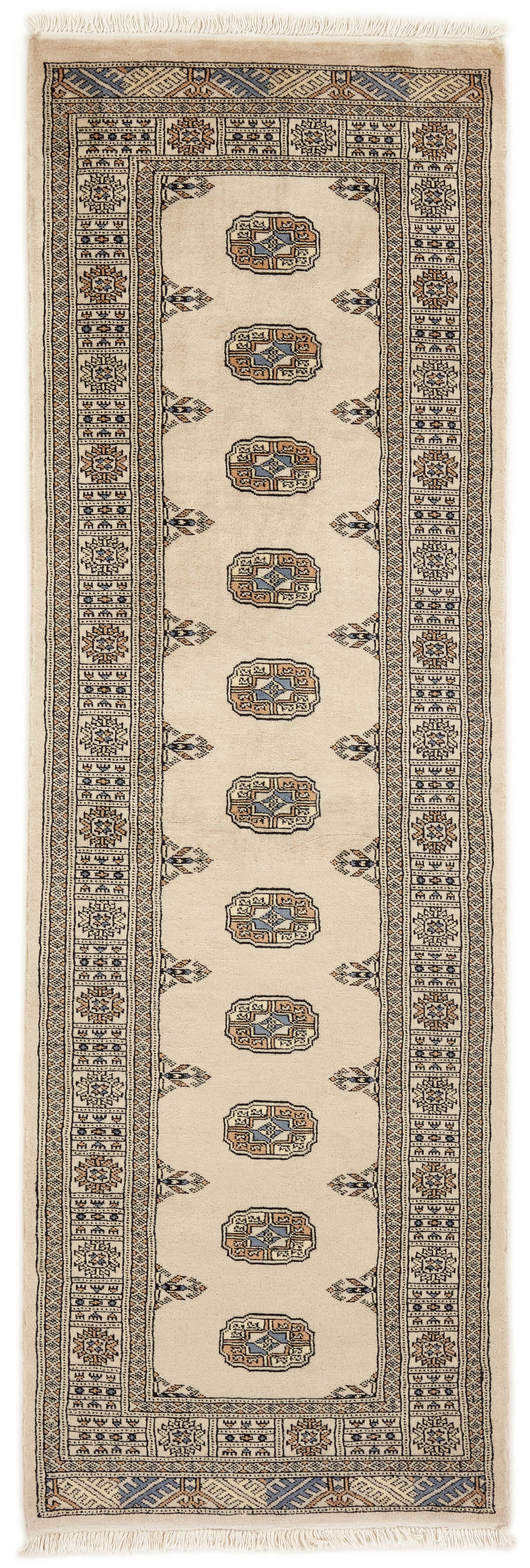 Beige Oriental runner with traditional bordered pattern