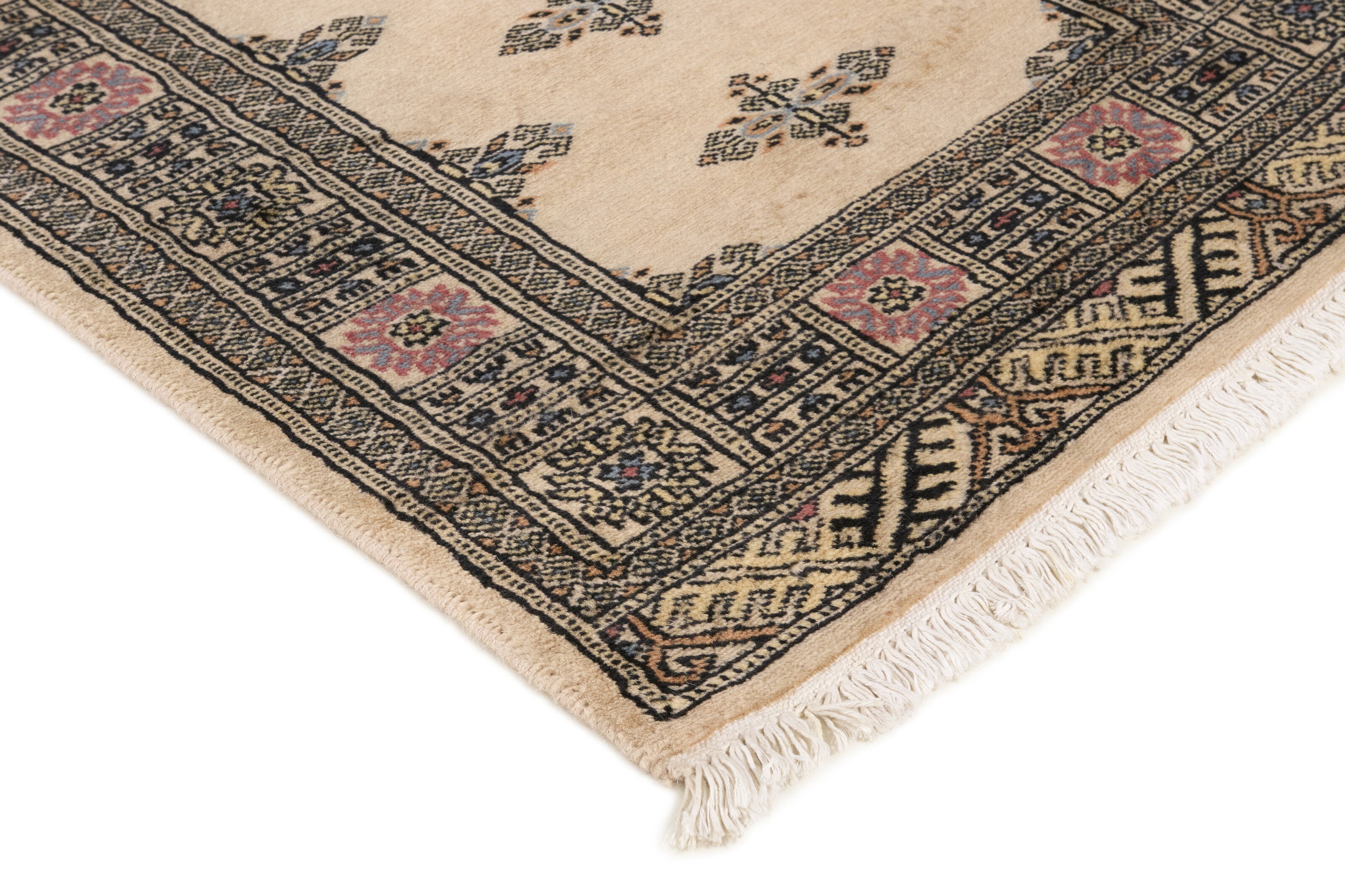 Beige Oriental runner with traditional bordered pattern