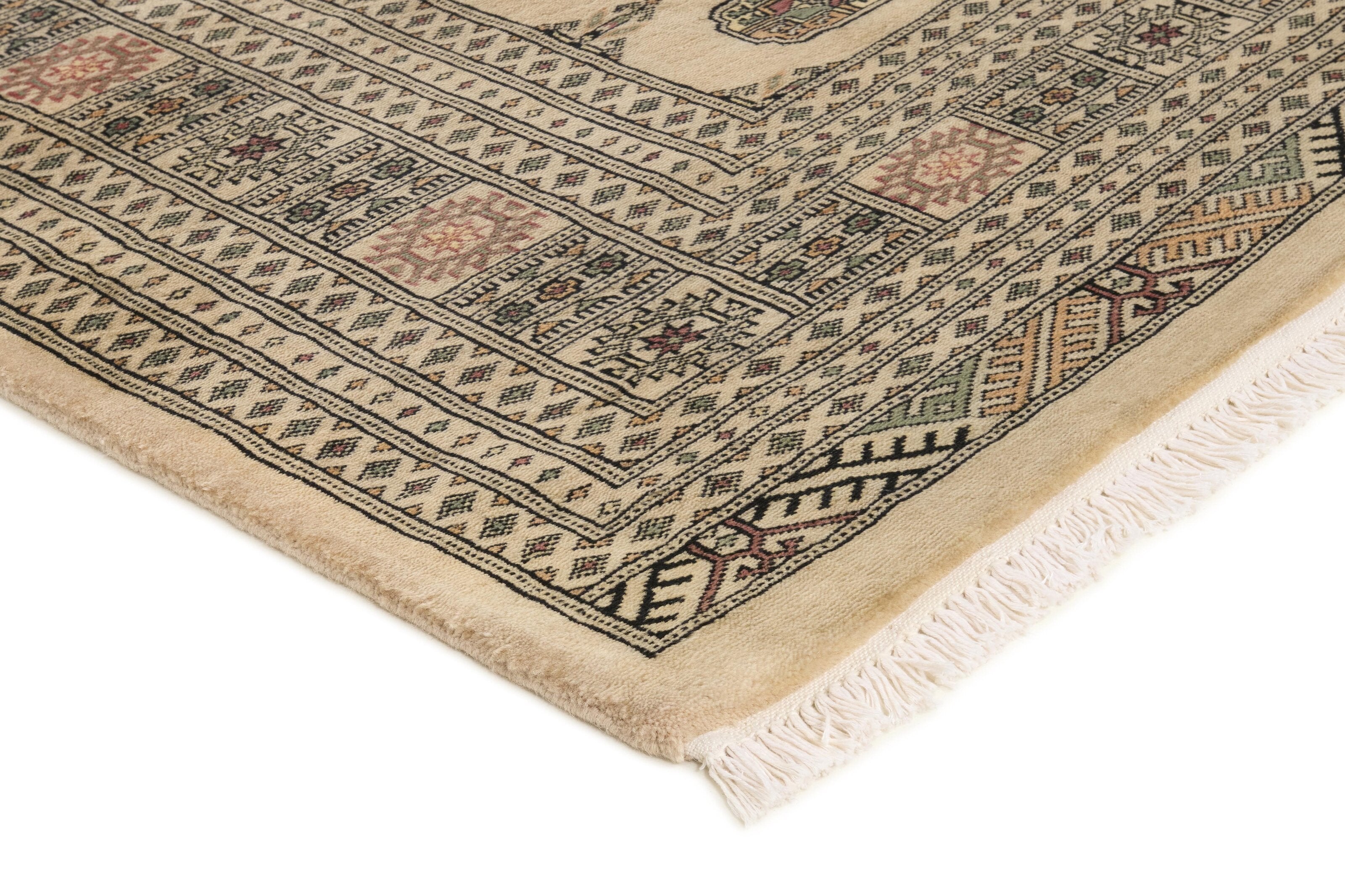 Beige Oriental rug with traditional bordered pattern