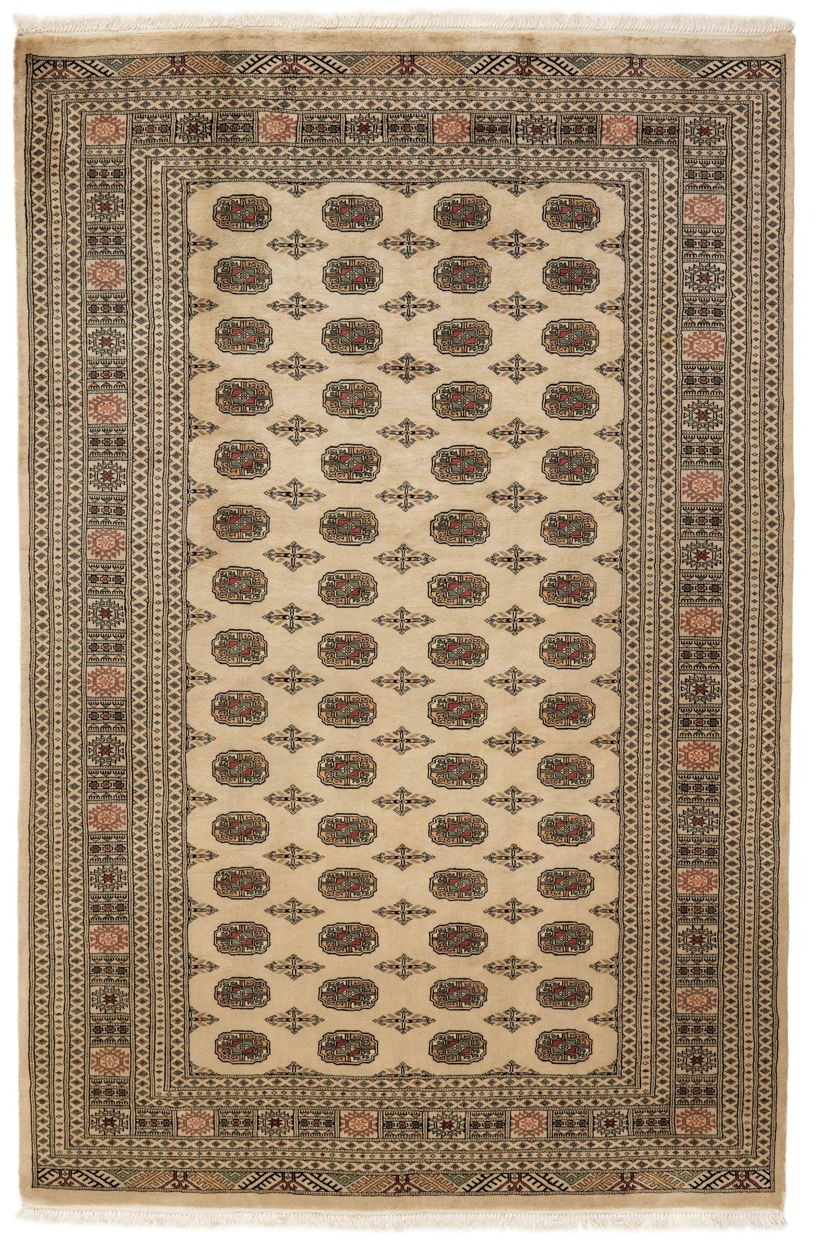 Beige Oriental rug with traditional bordered pattern