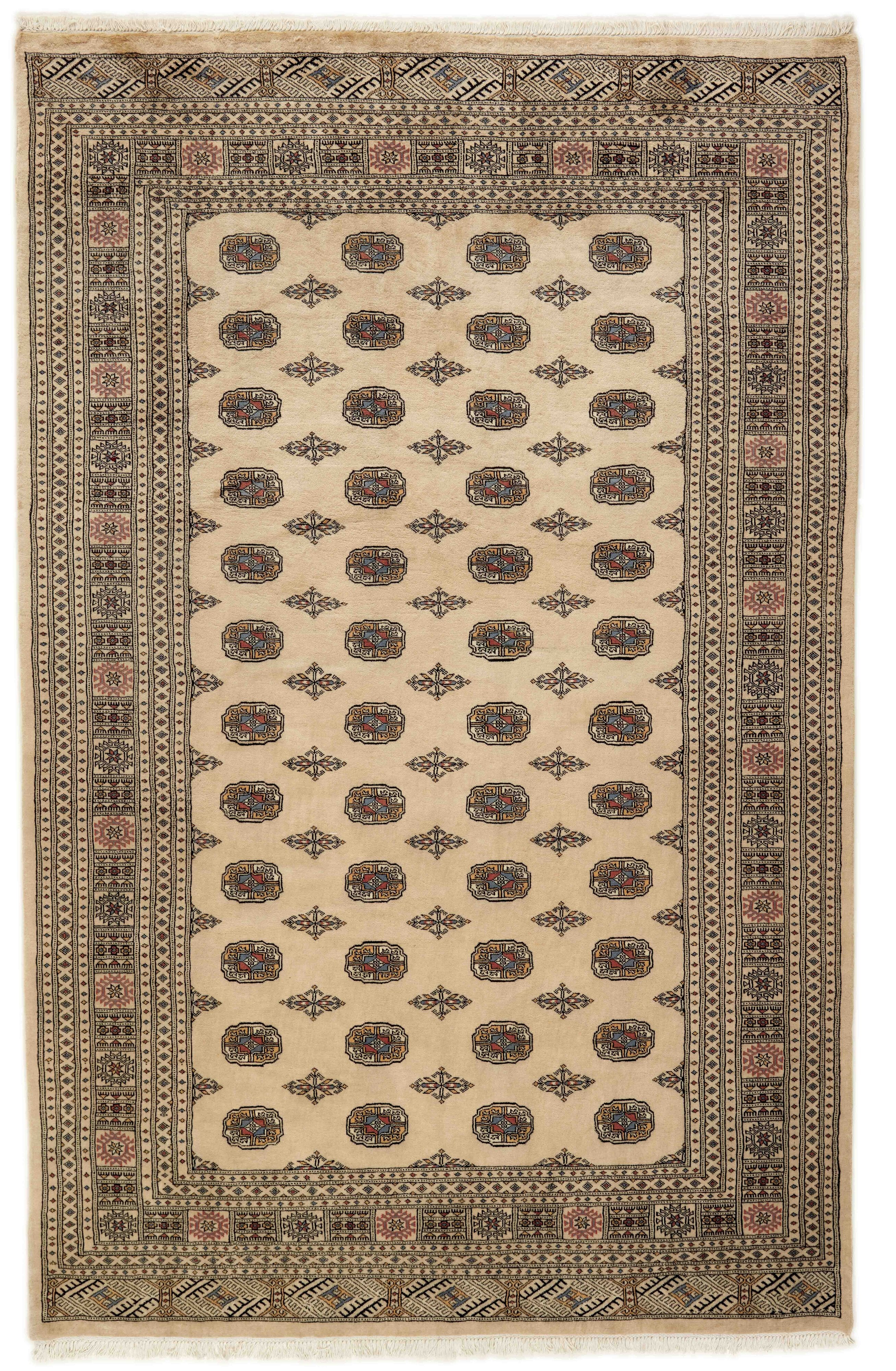 Beige Oriental rug with traditional bordered pattern