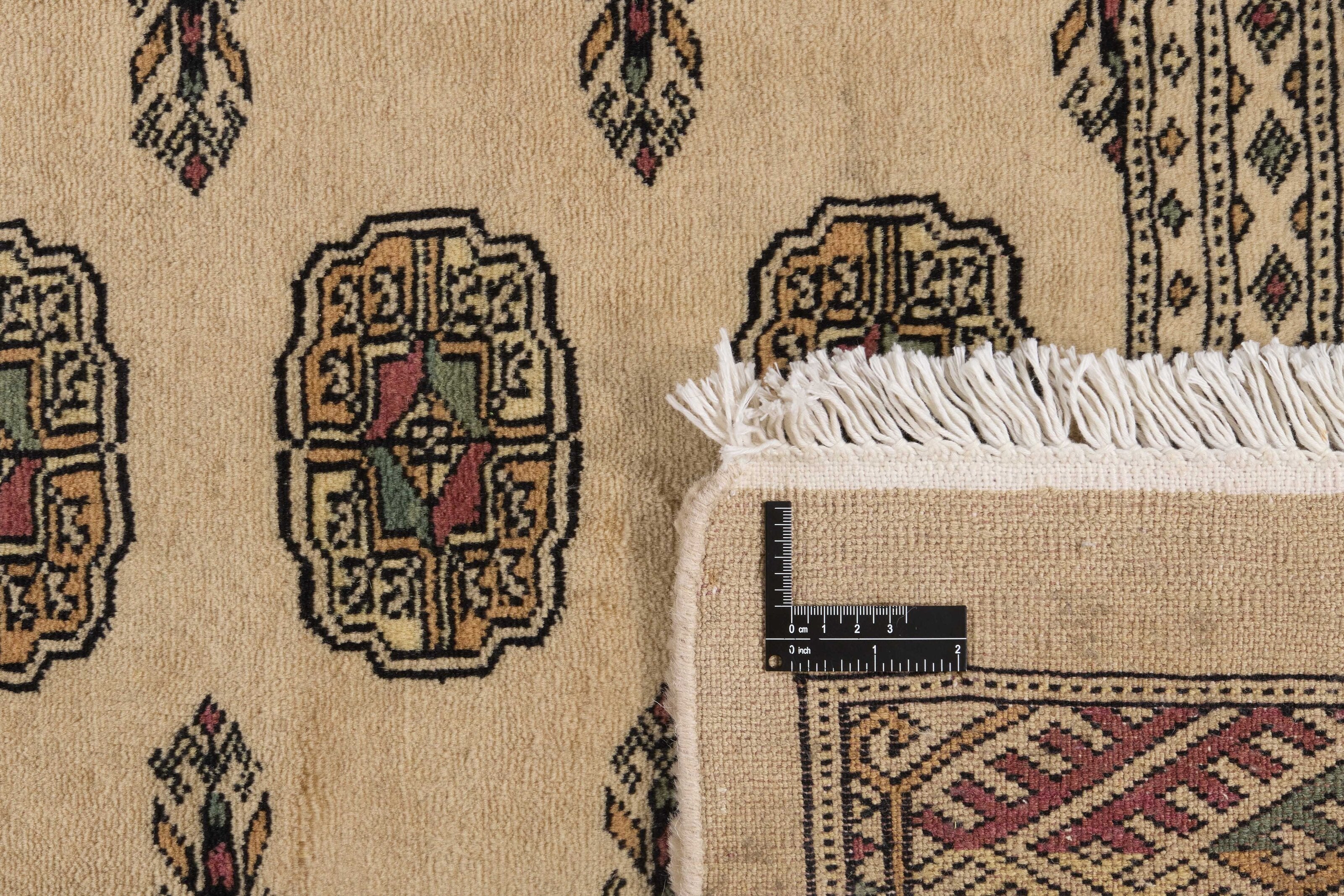 Beige Oriental rug with traditional bordered pattern