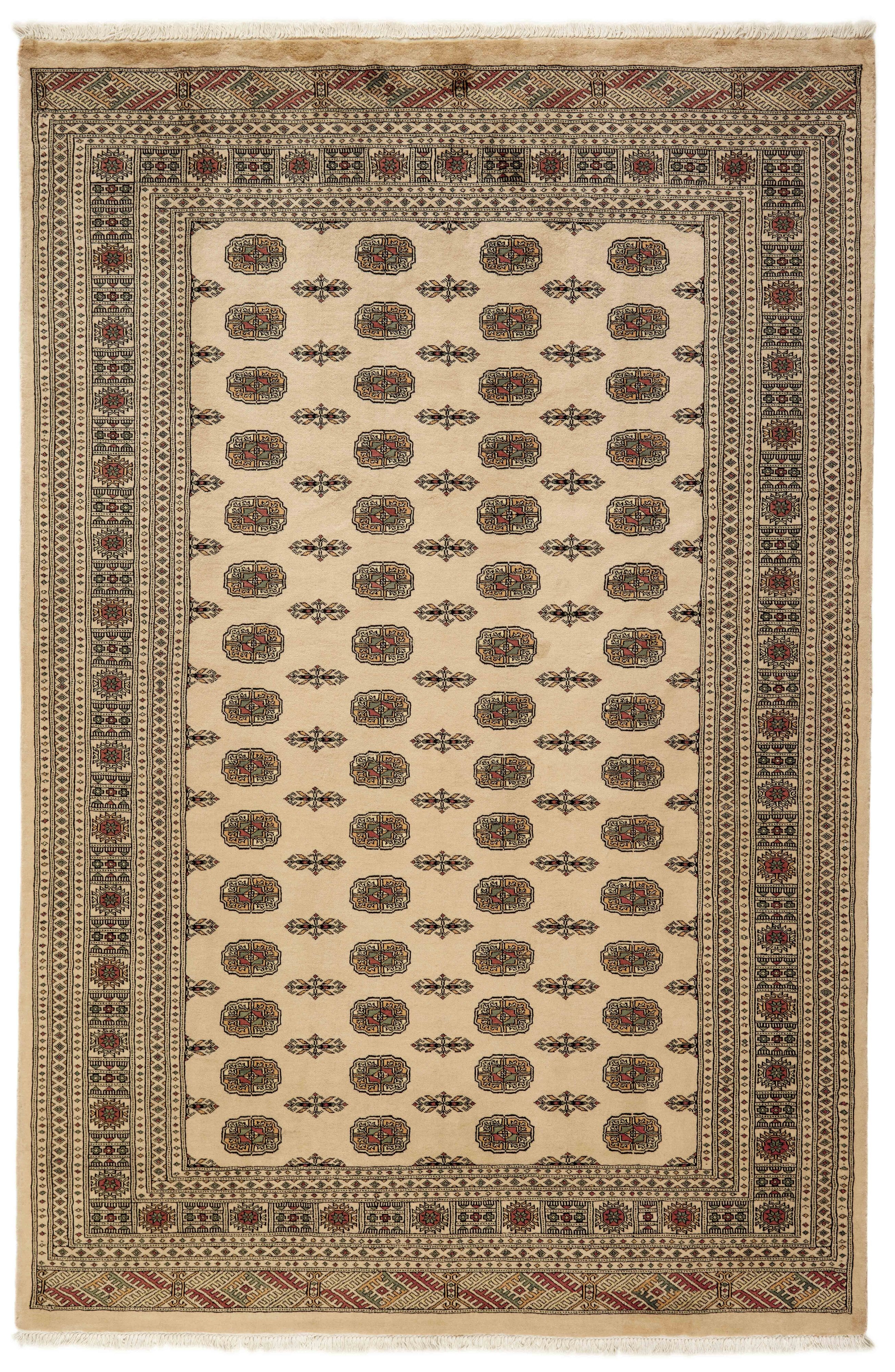 Beige Oriental rug with traditional bordered pattern