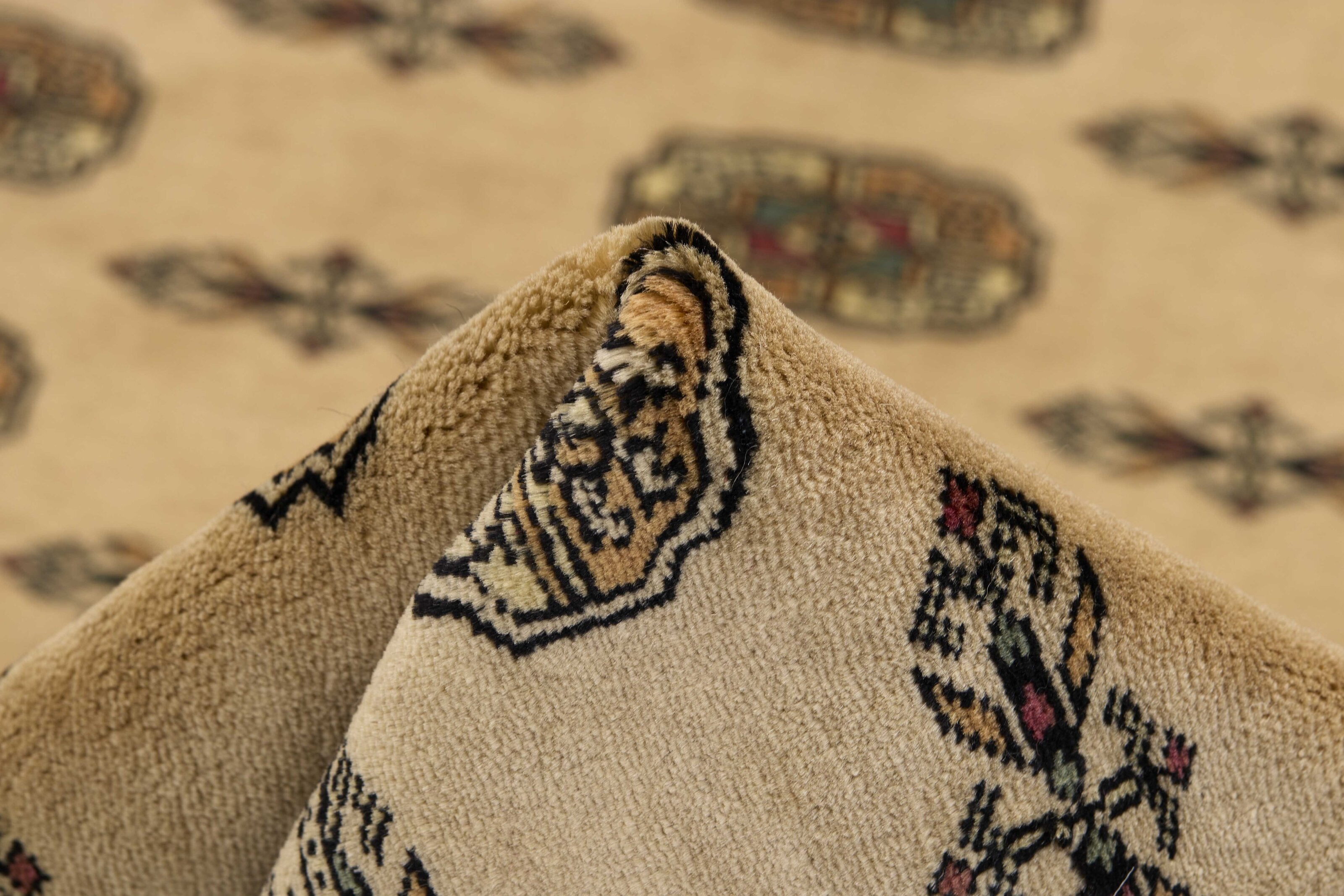 Beige Oriental rug with traditional bordered pattern