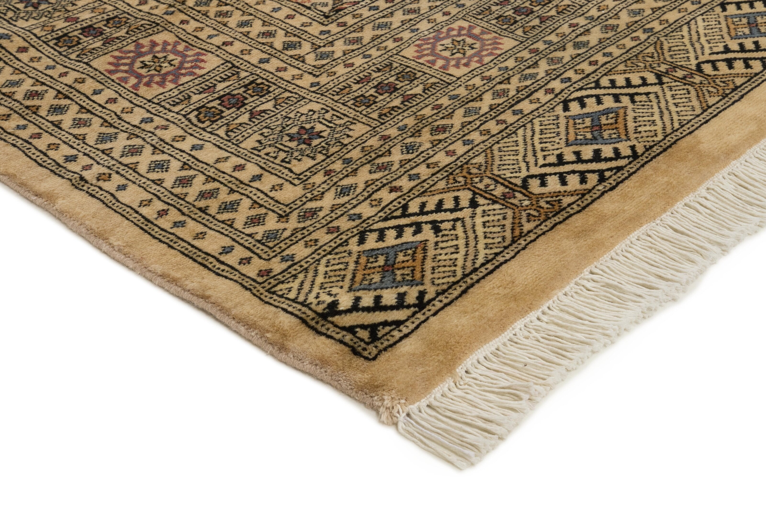 Beige Oriental rug with traditional bordered pattern