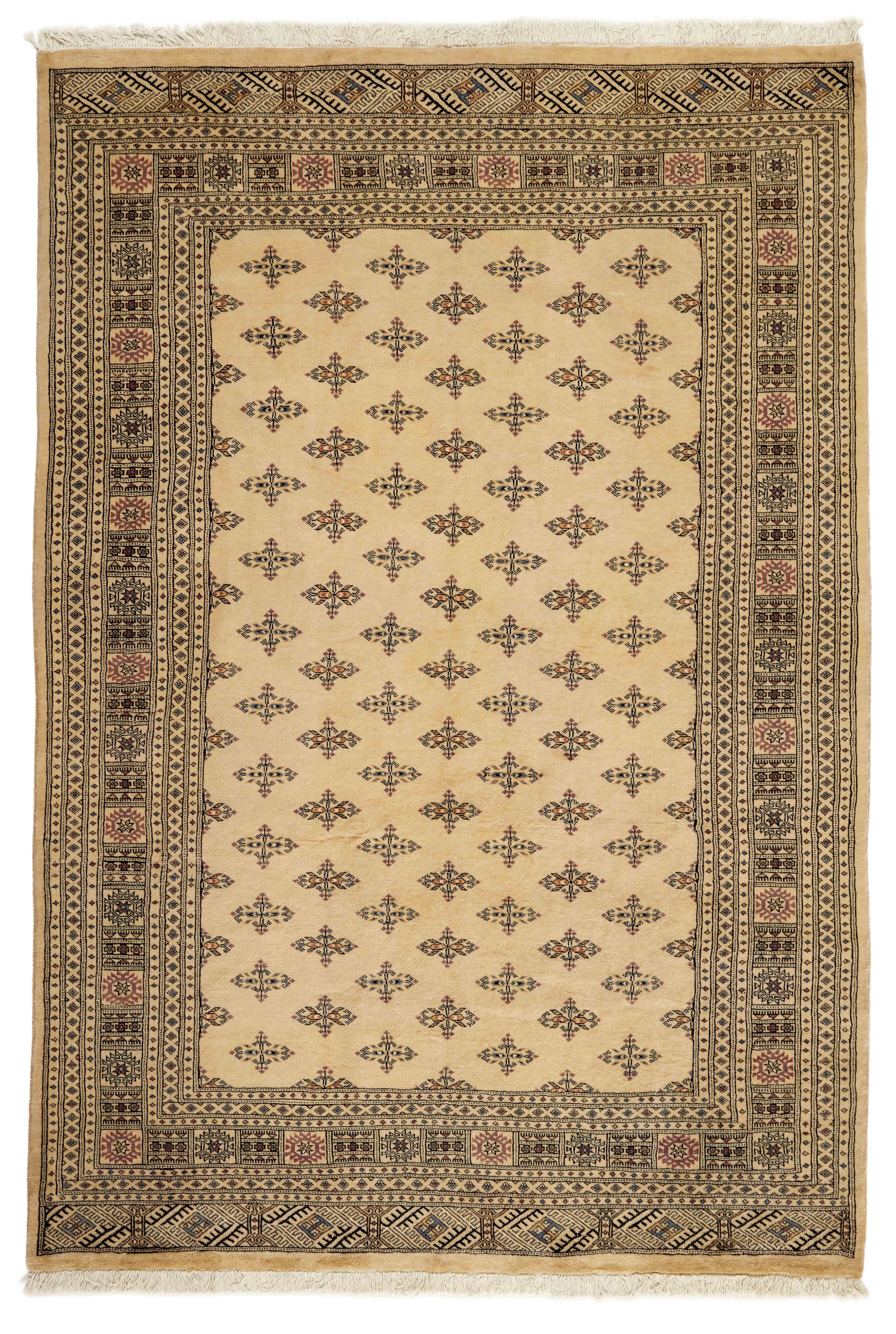 Beige Oriental rug with traditional bordered pattern