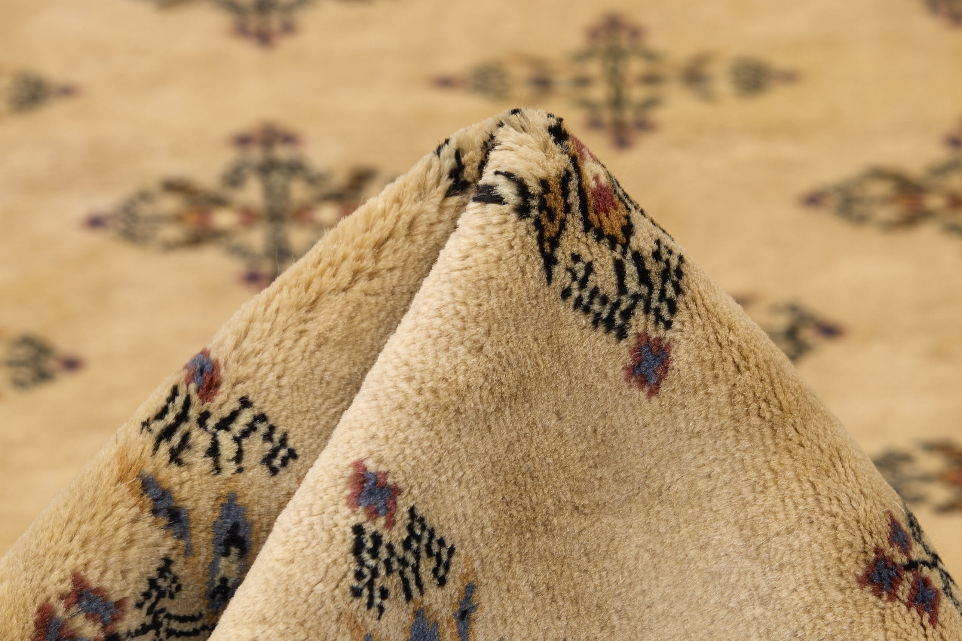 Beige Oriental rug with traditional bordered pattern