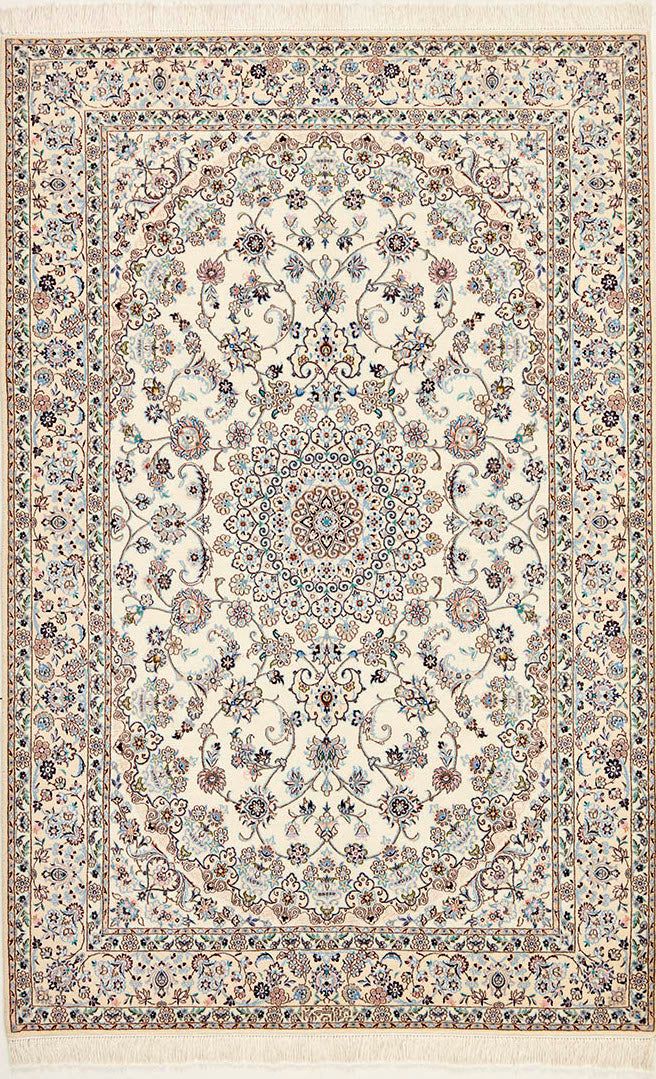 Authentic oriental rug with traditional floral design in cream, ivory and blue