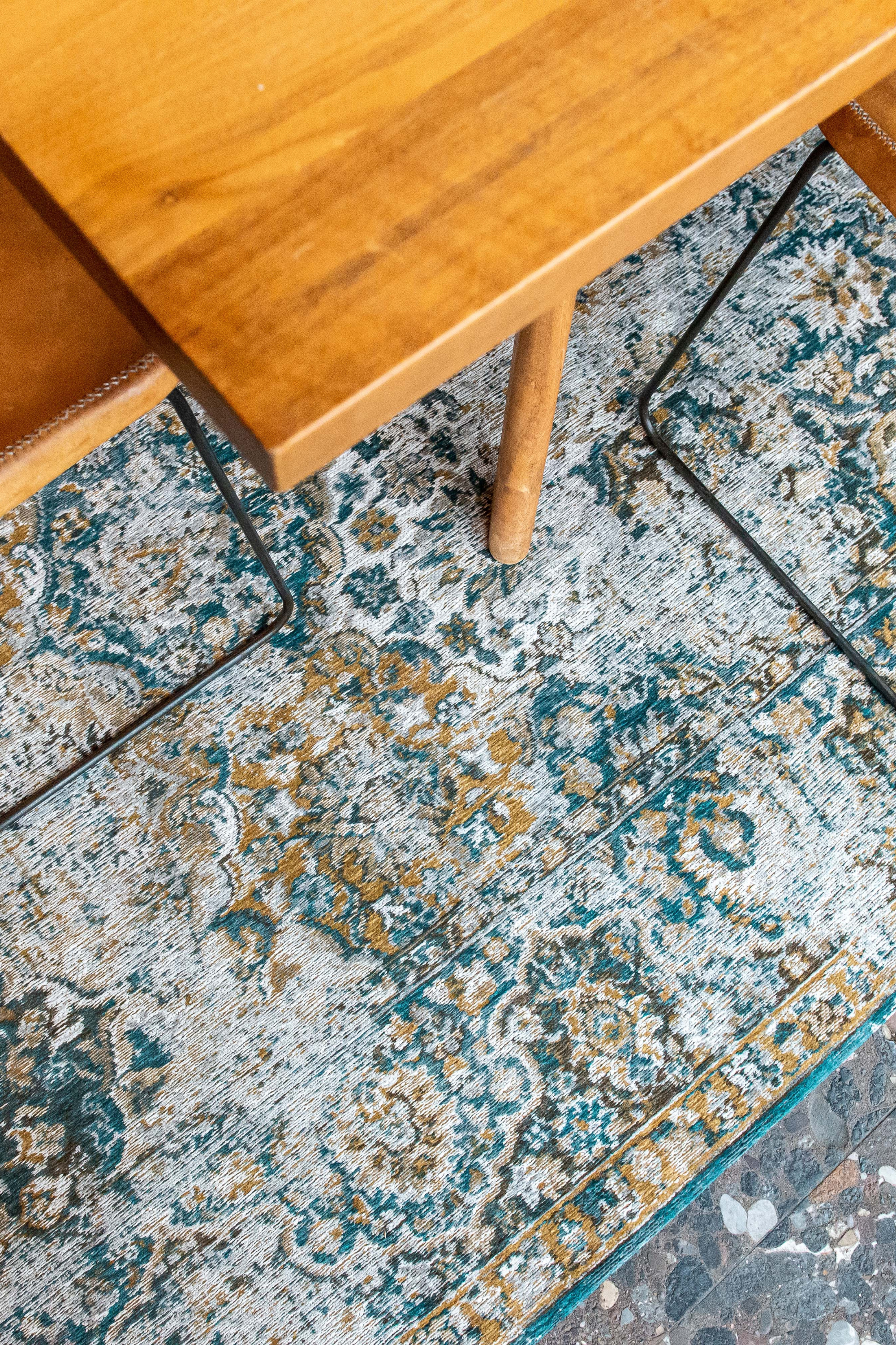 white, blue and yellow vintage style rug