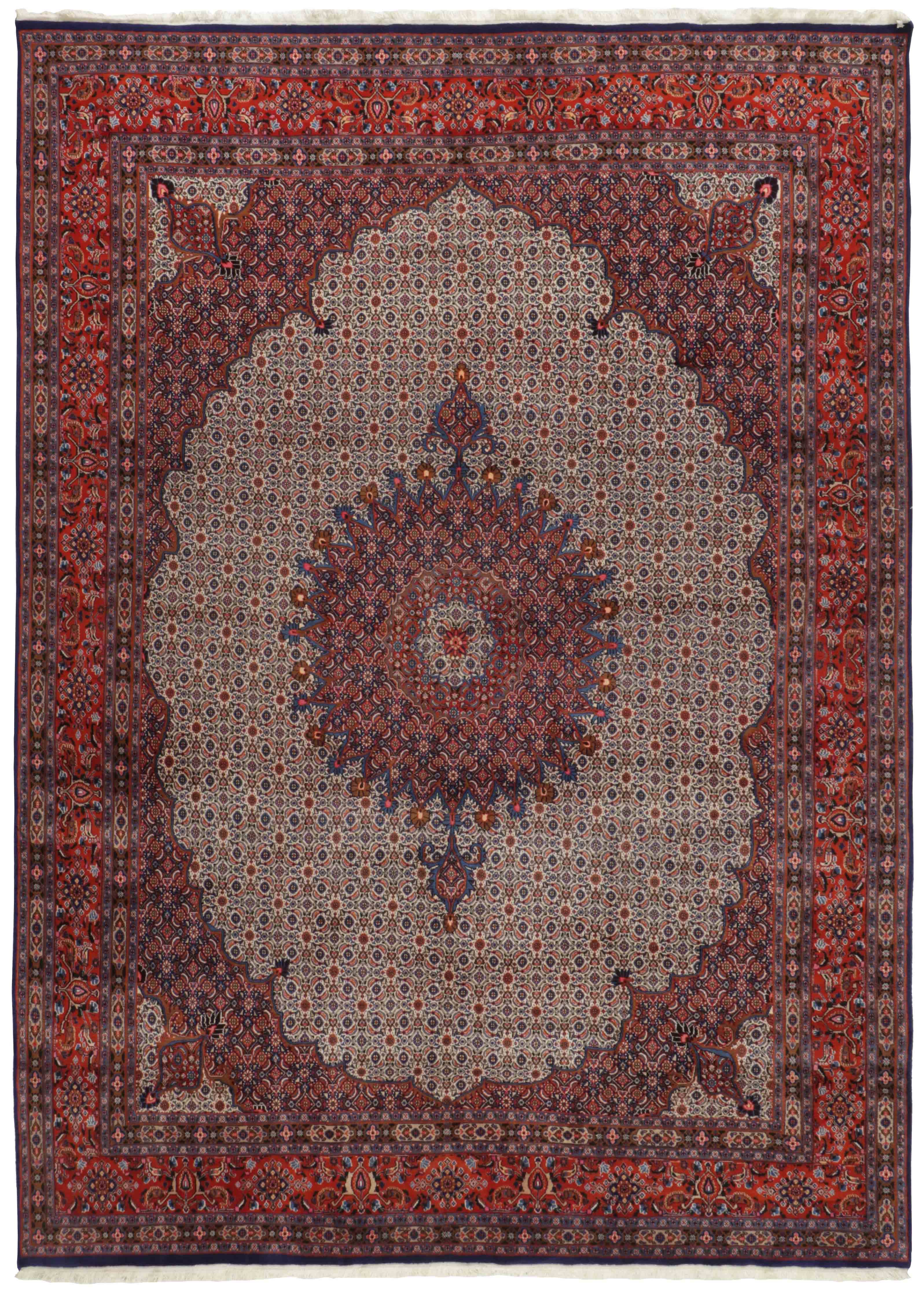multicolour persian rug with traditional floral pattern in cream, blue and red