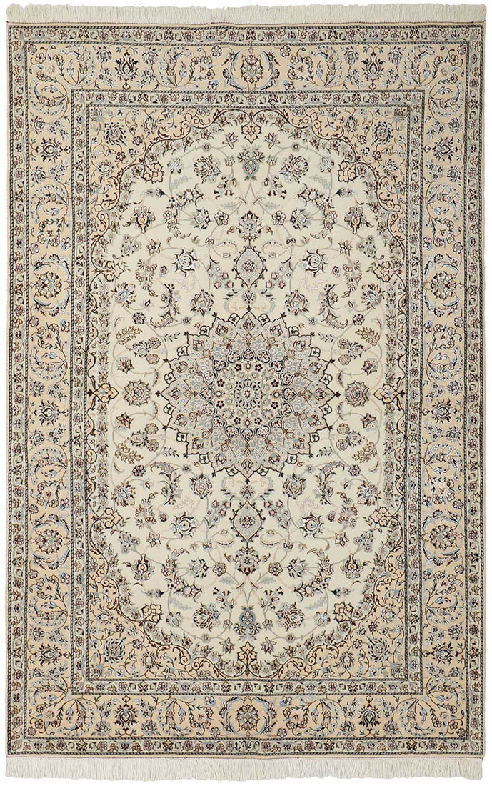 Authentic oriental rug with traditional floral design in cream, beige and blue
