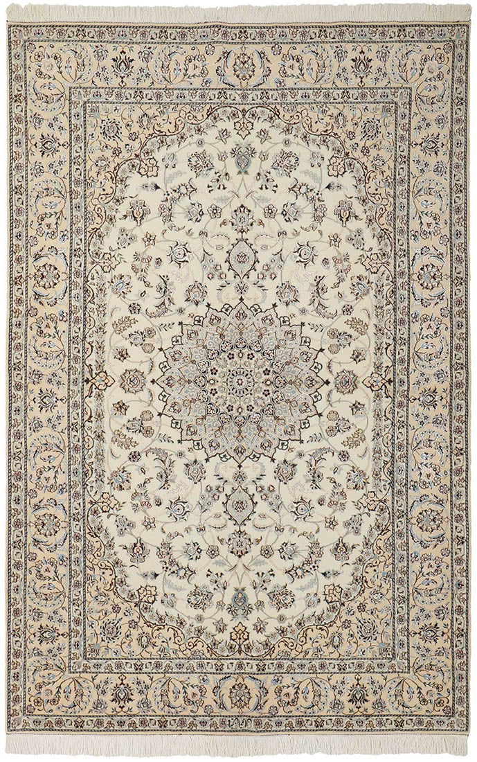 Authentic oriental rug with traditional floral design in cream, beige and blue