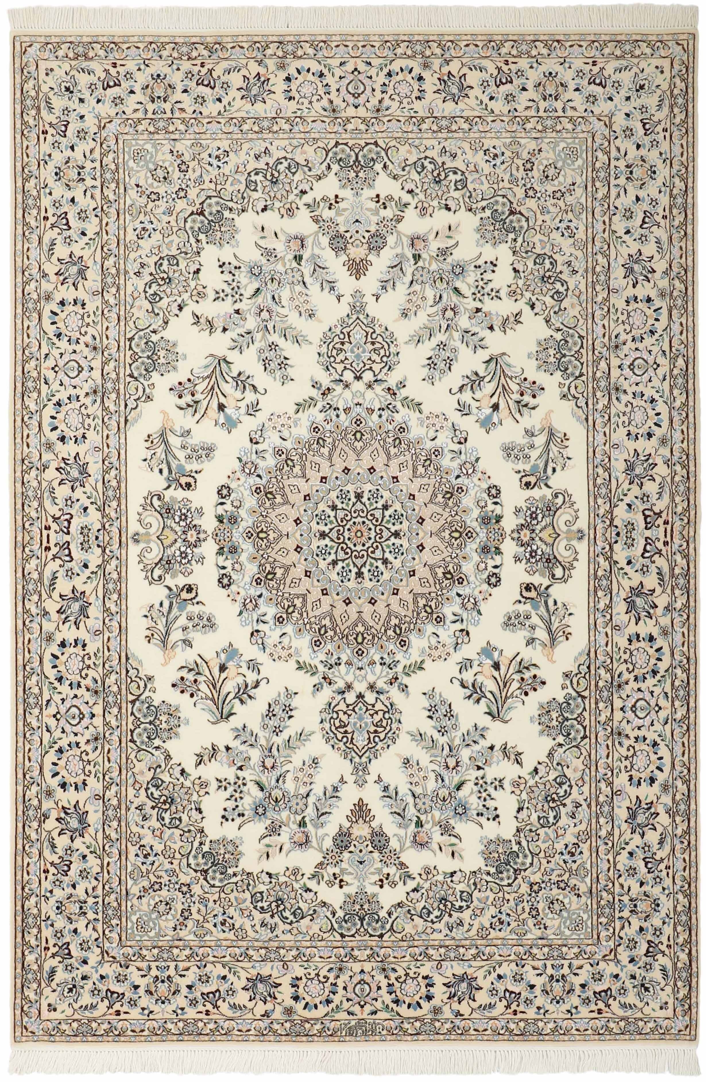 Authentic oriental rug with traditional floral design in red, cream, beige, blue and green