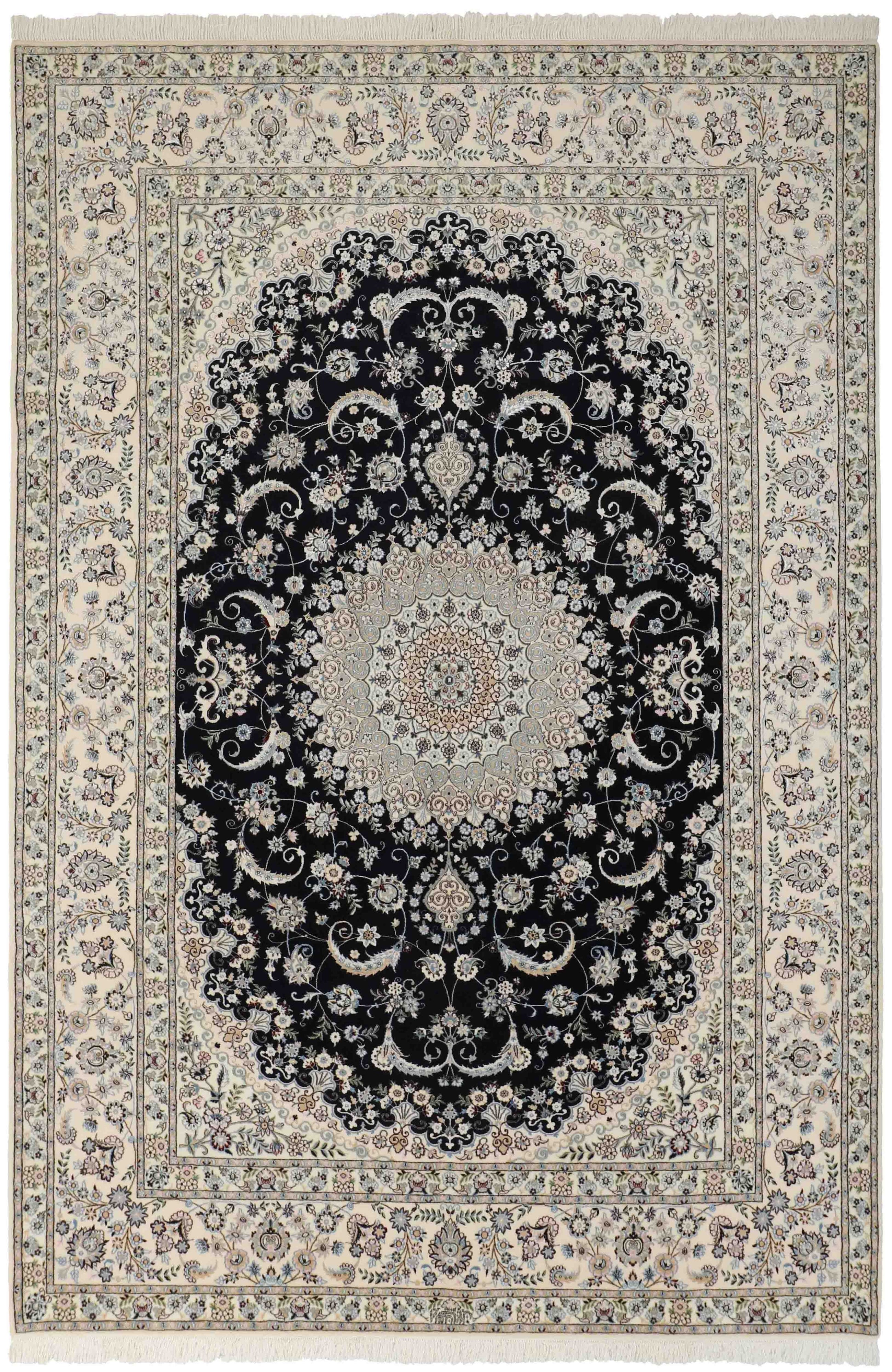 Authentic oriental rug with traditional floral design in cream, red, blue and black
