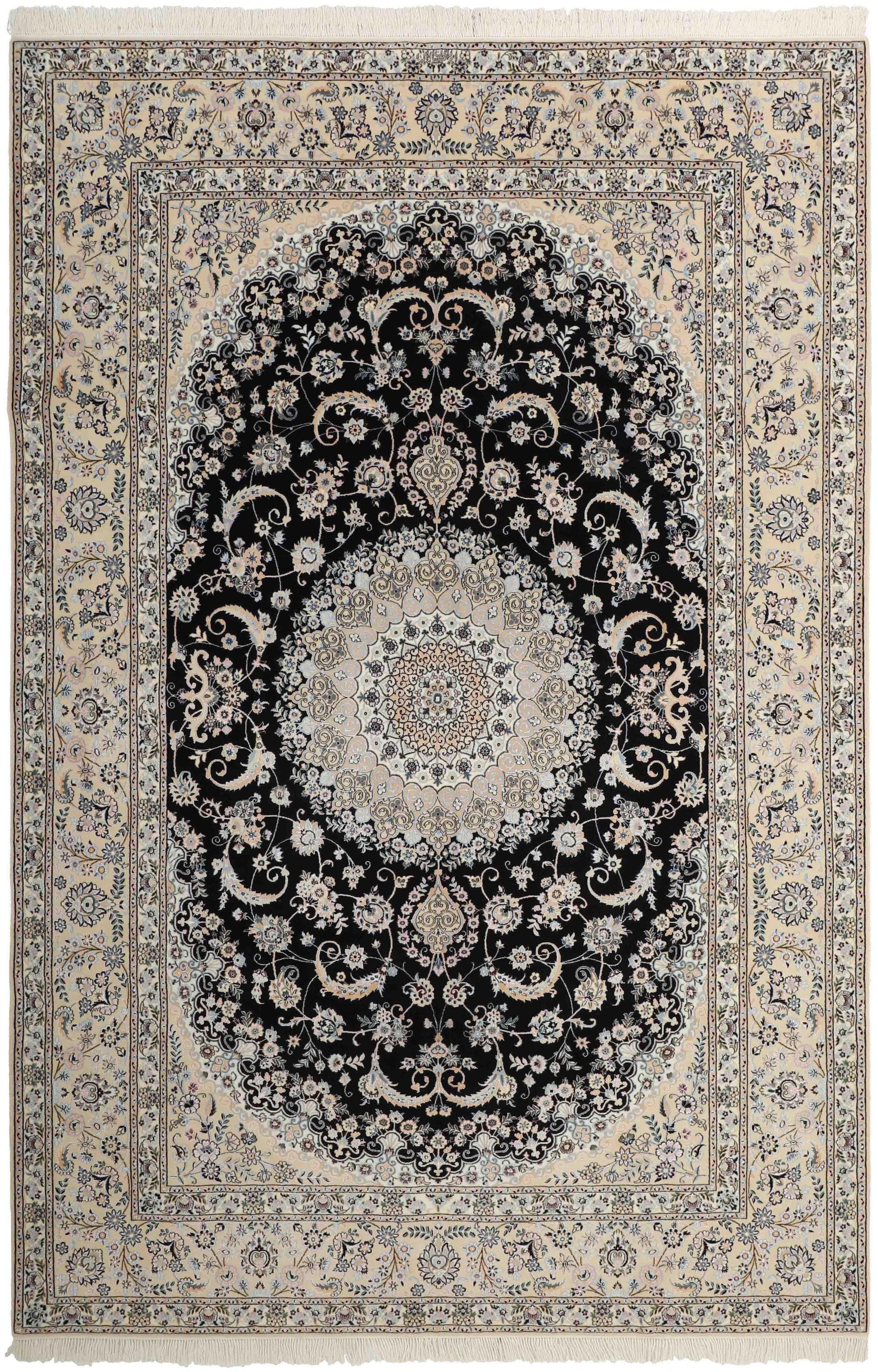 Authentic oriental rug with traditional floral design in cream, red, blue and black