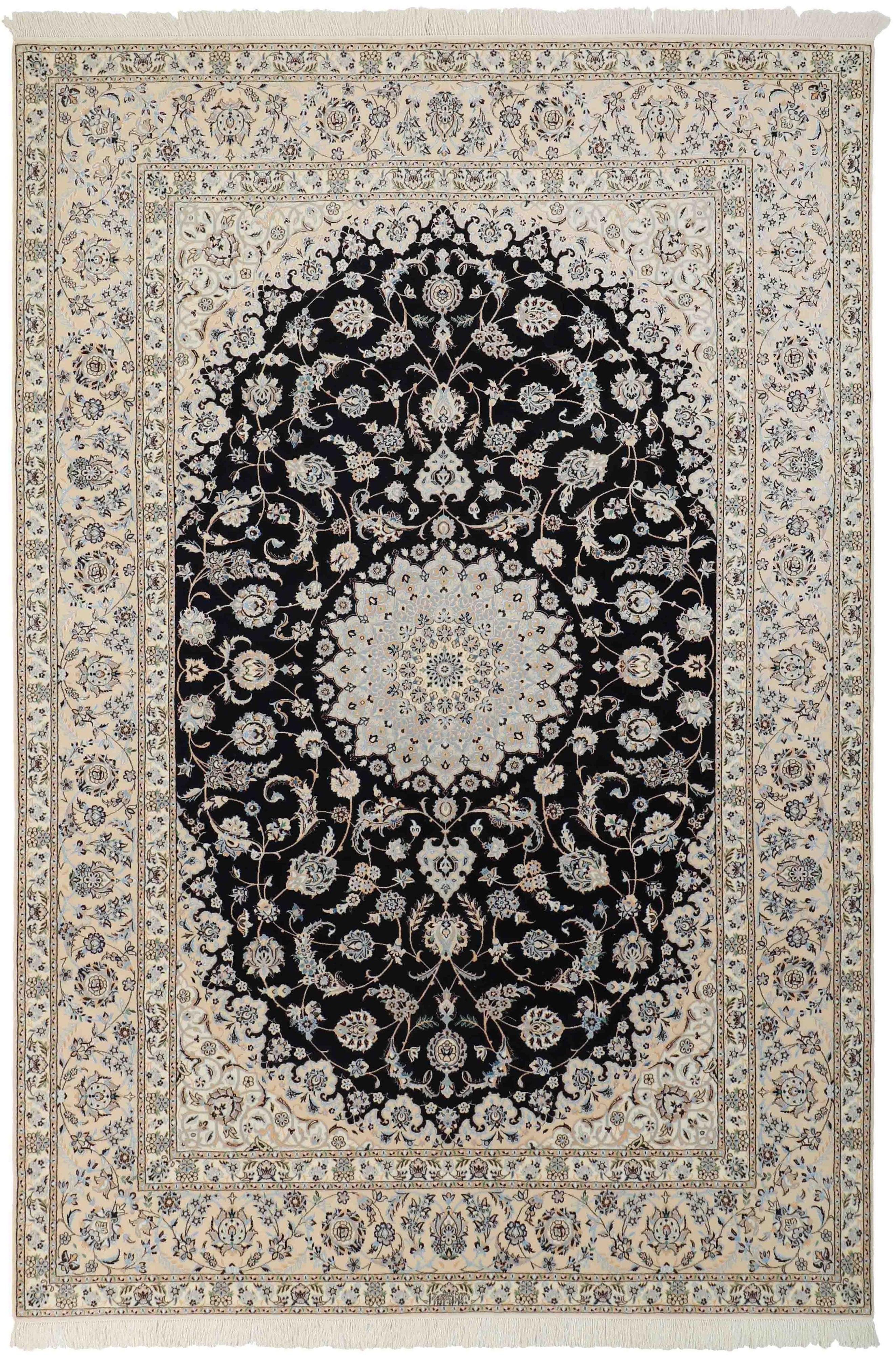 Authentic oriental rug with traditional floral design in cream, red, blue and black