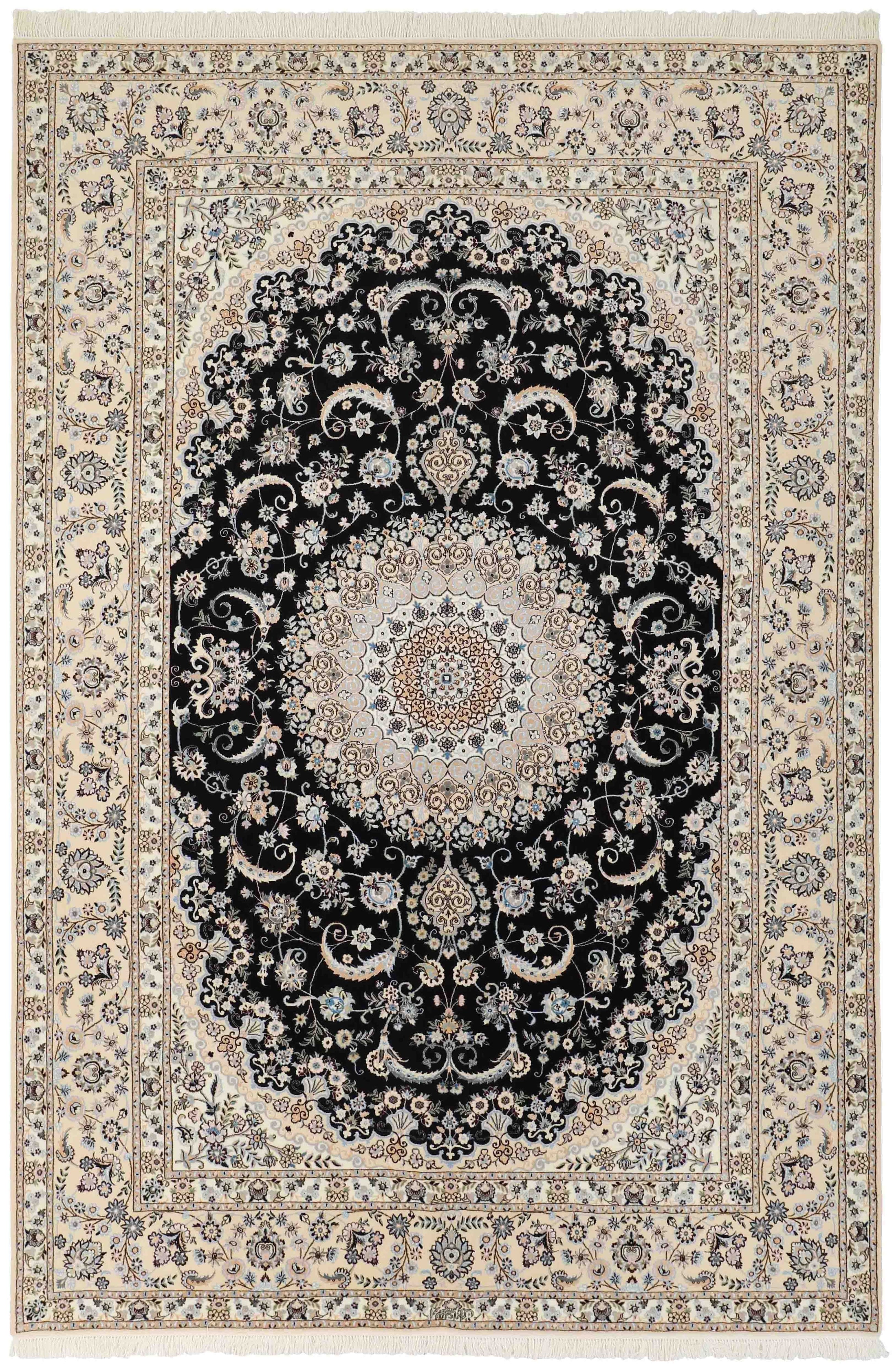 Authentic oriental rug with traditional floral design in cream, red, blue and black