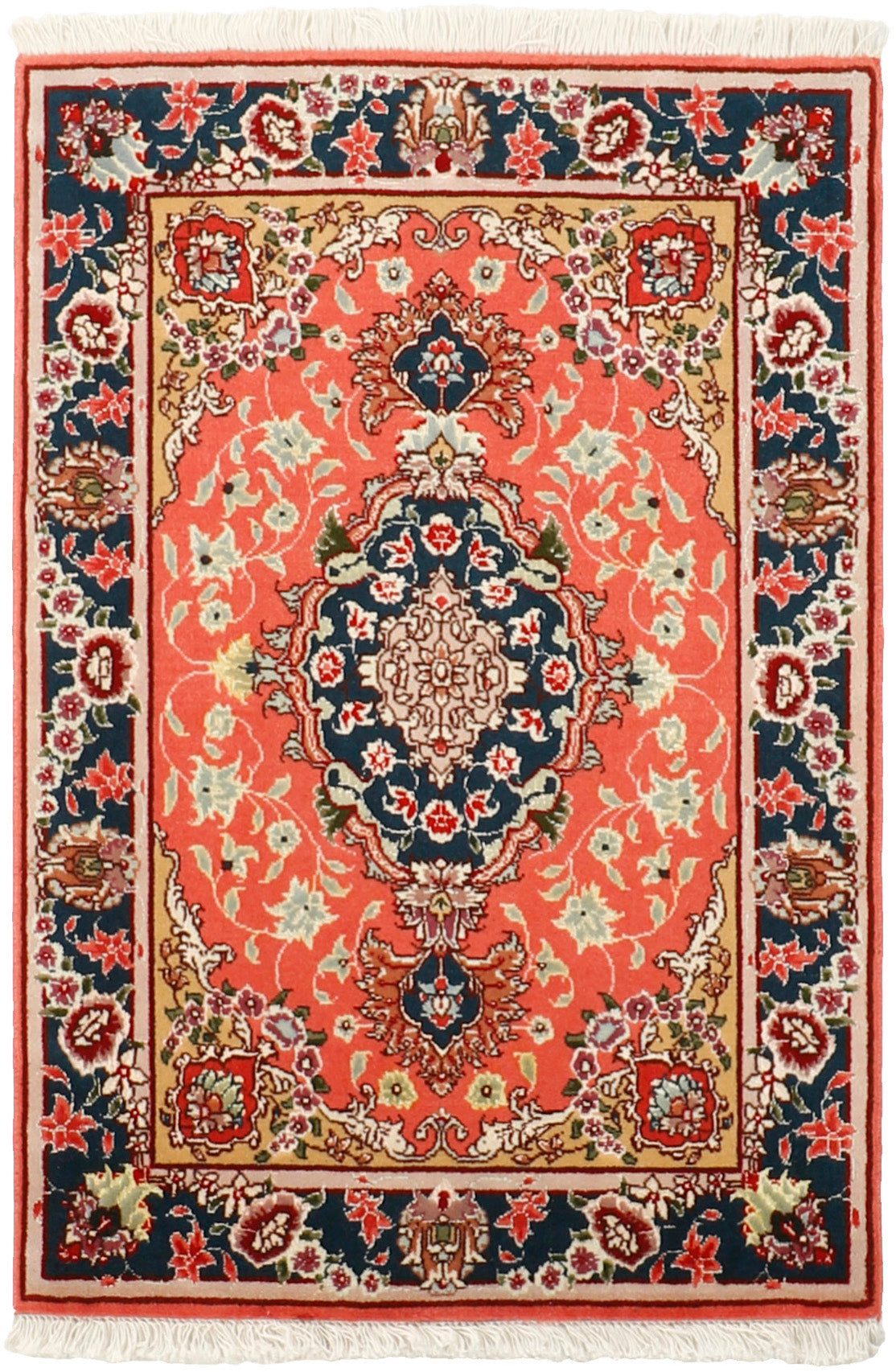 Authentic persian rug with traditional floral design in red, blue and white