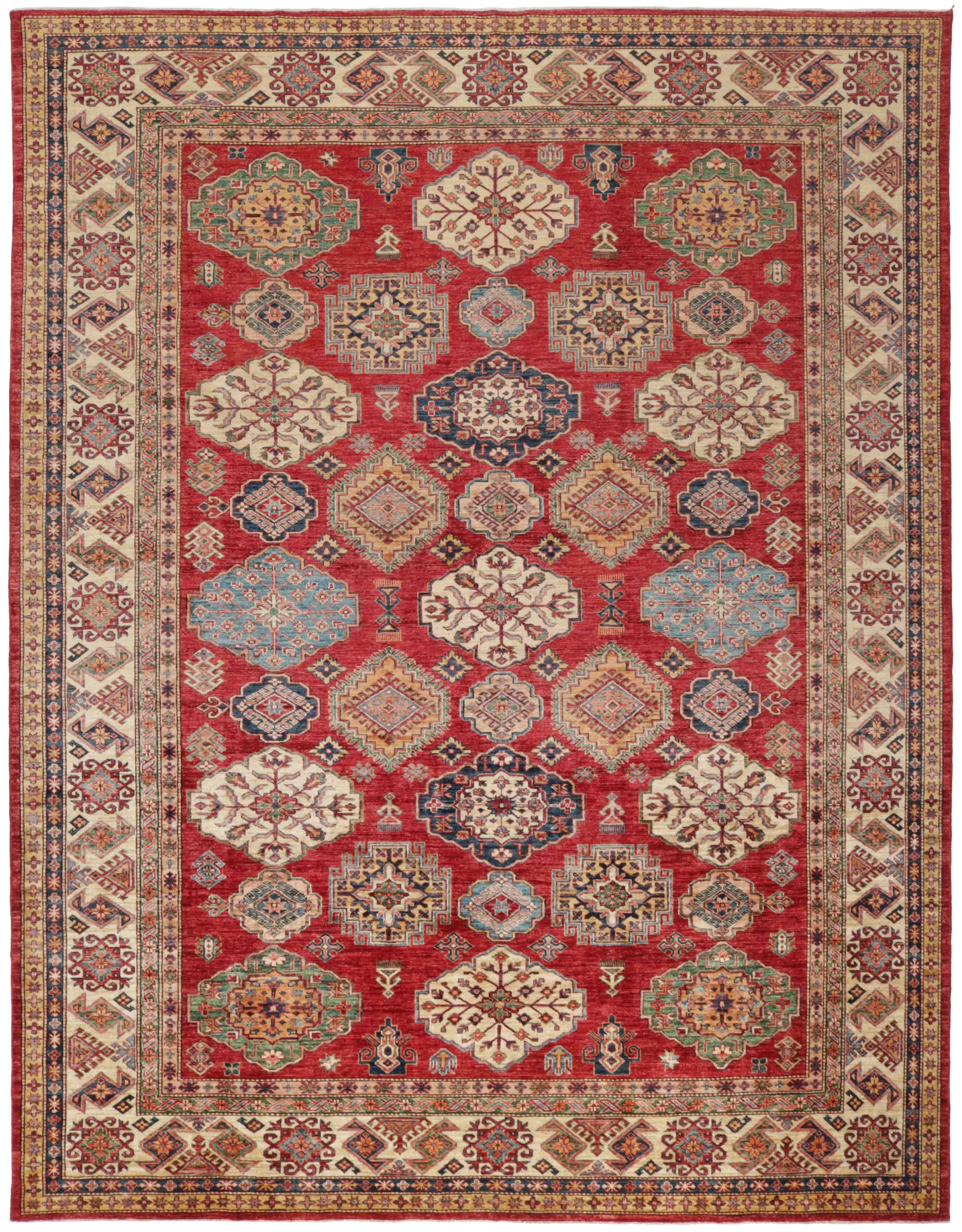 Authentic oriental rug with red and black traditional geometric design