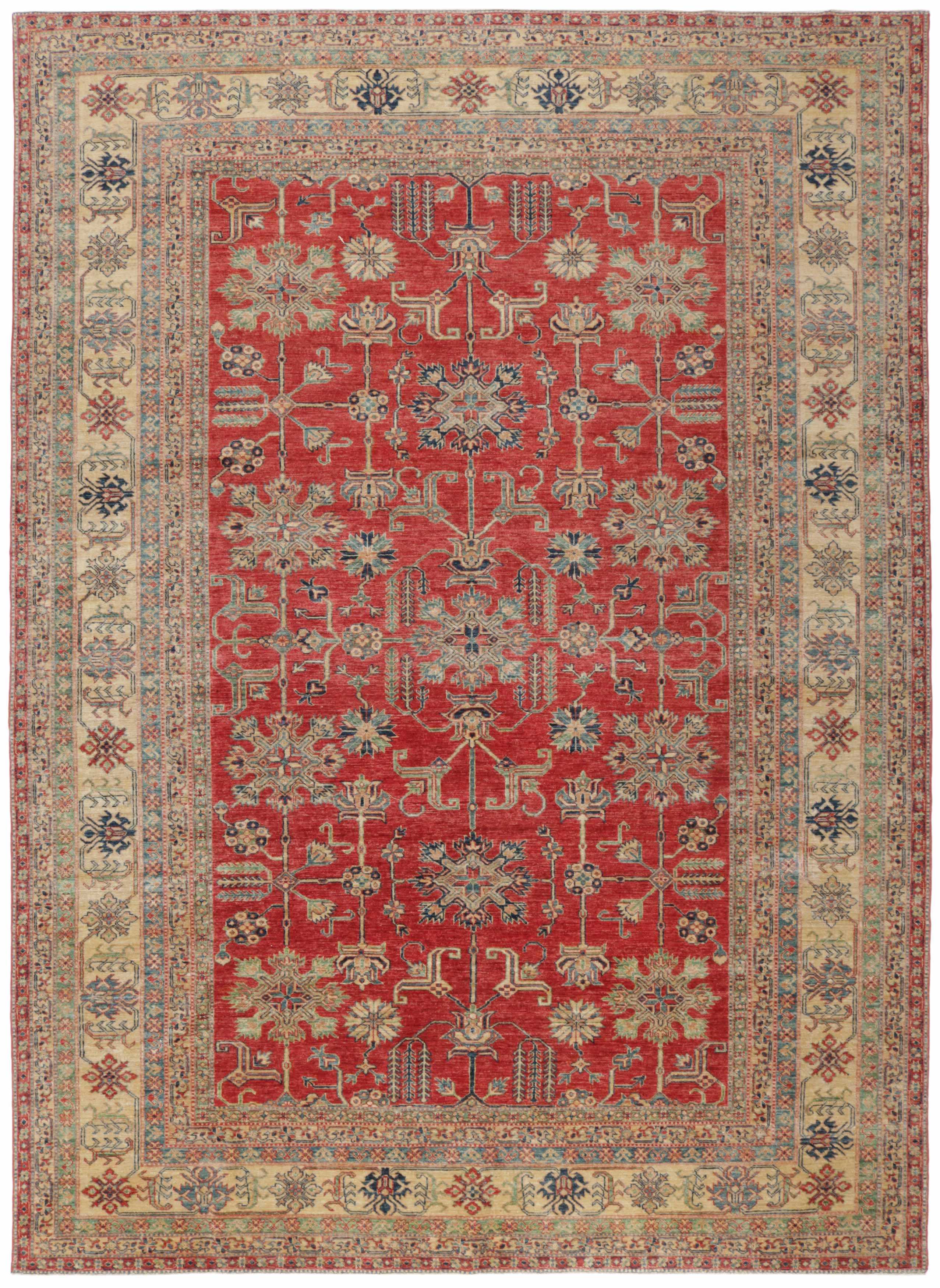 Authentic oriental rug with red and beige traditional geometric design