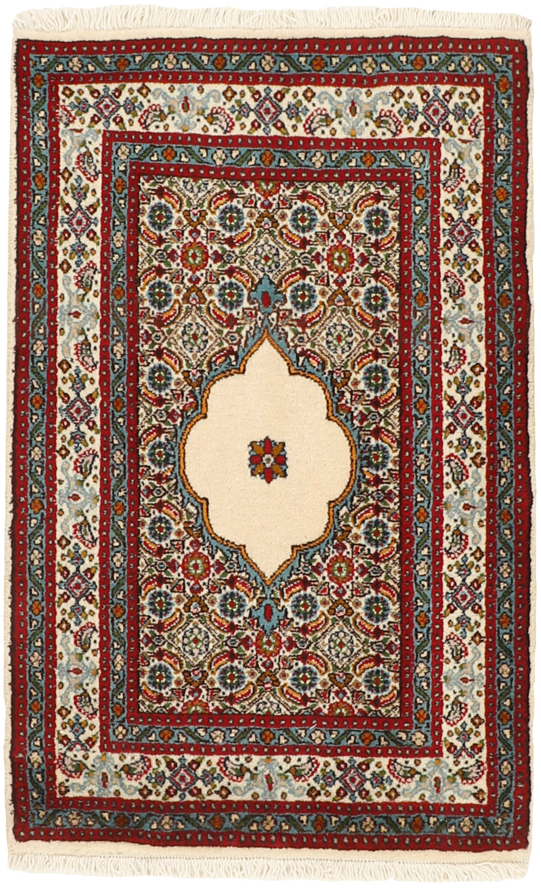 multicolour persian rug with traditional floral pattern in cream, blue and red
