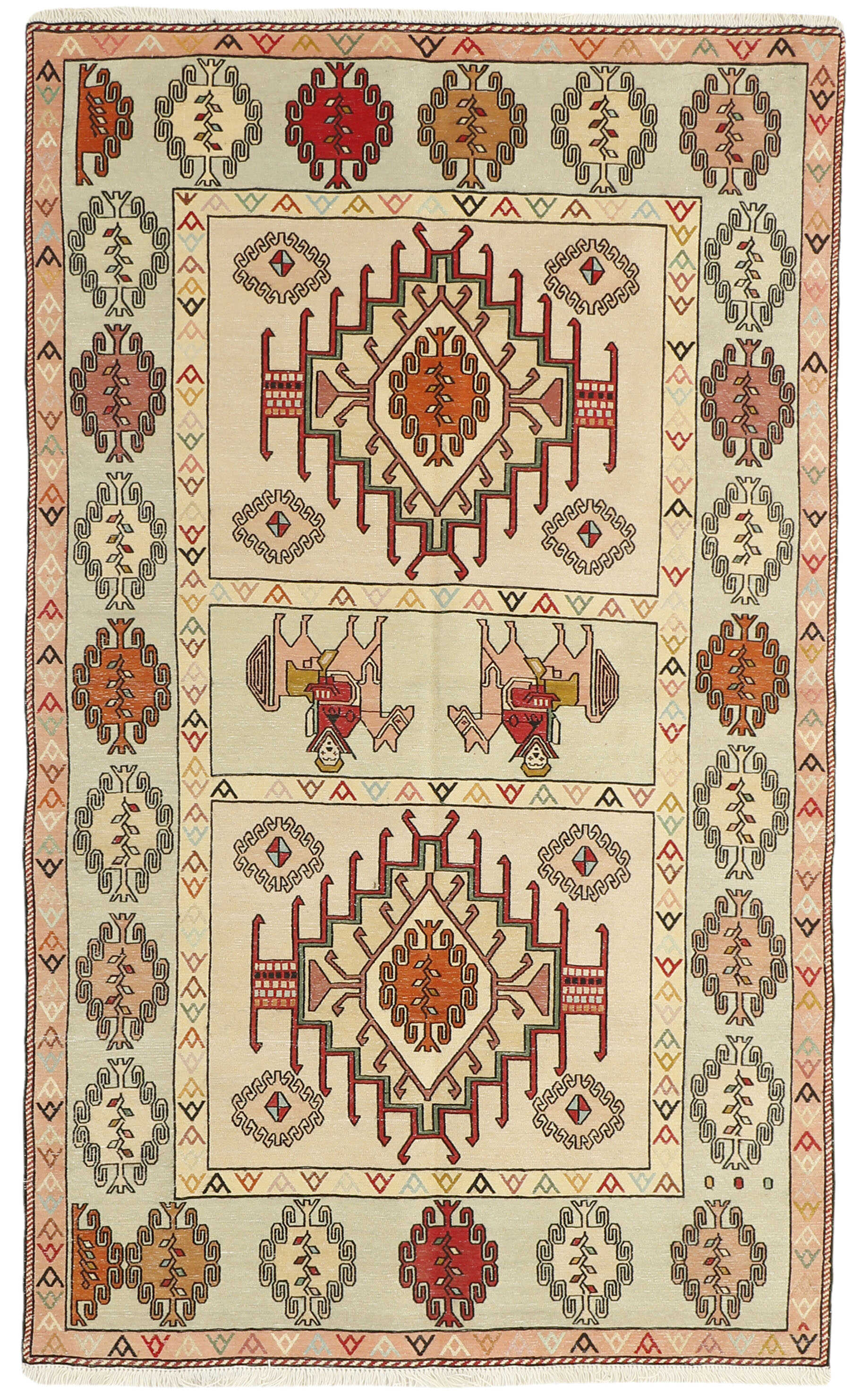 Authentic persian rug with tribal geometric design in beige and red