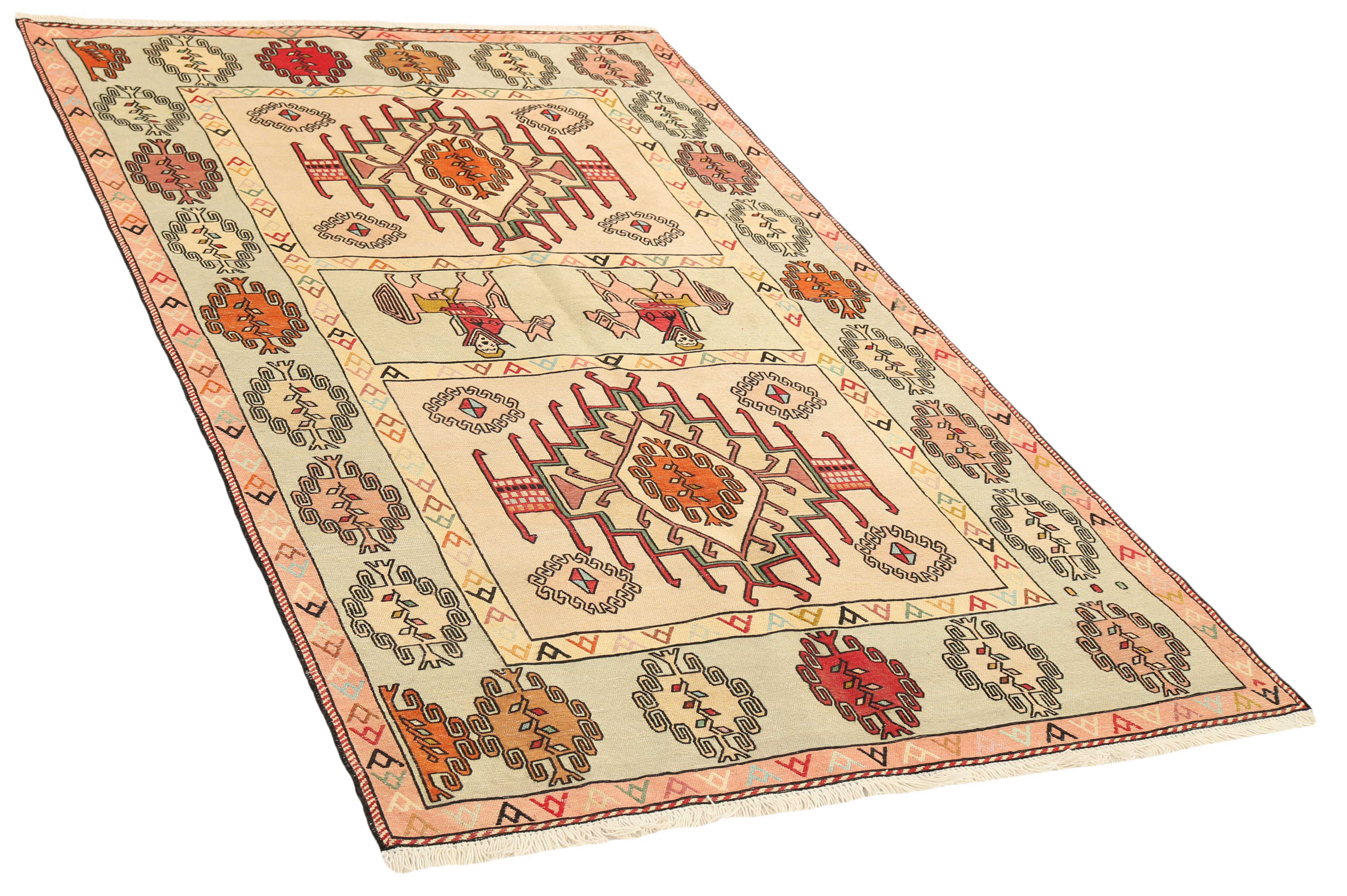 Authentic persian rug with tribal geometric design in beige and red