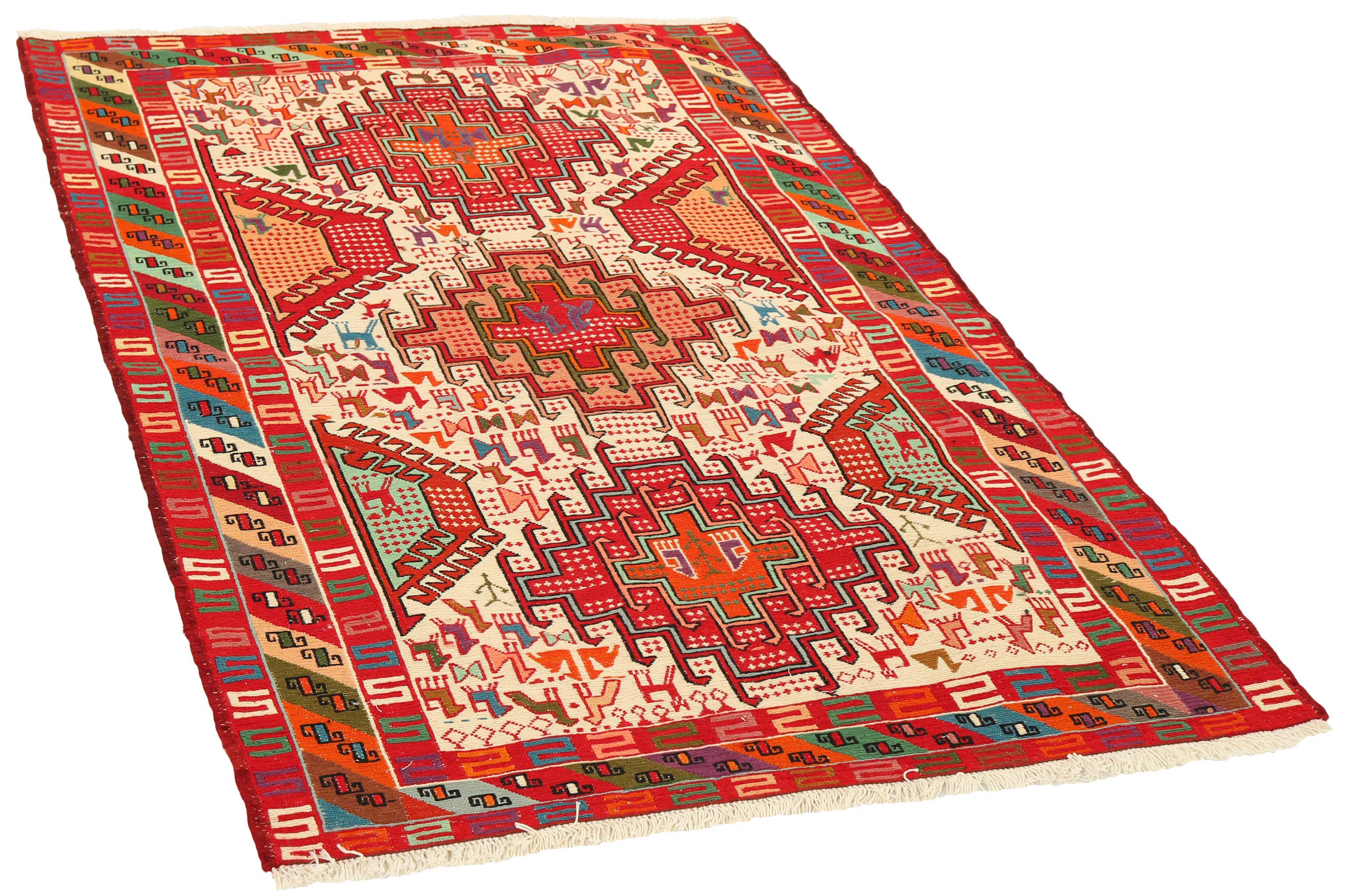 Red traditional Soumak rug with multicolour animal pattern