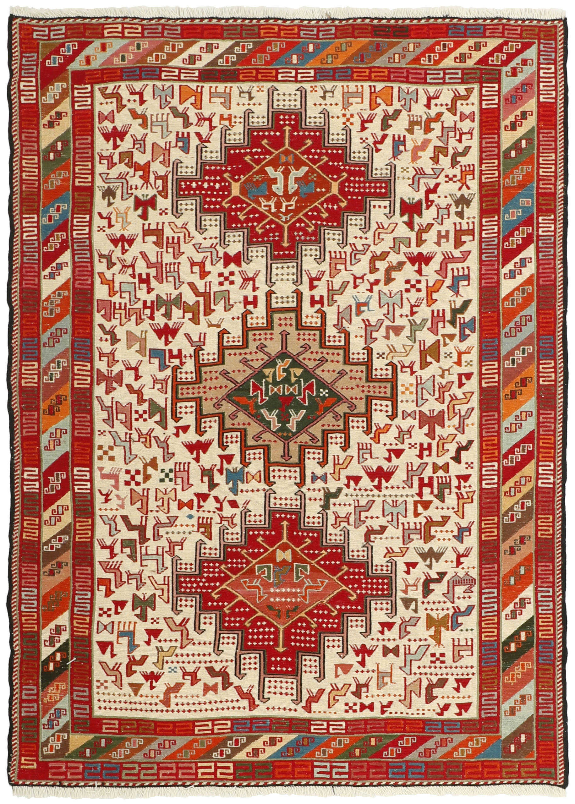 Bordered red and cream Soumak rug with multicolour animal pattern