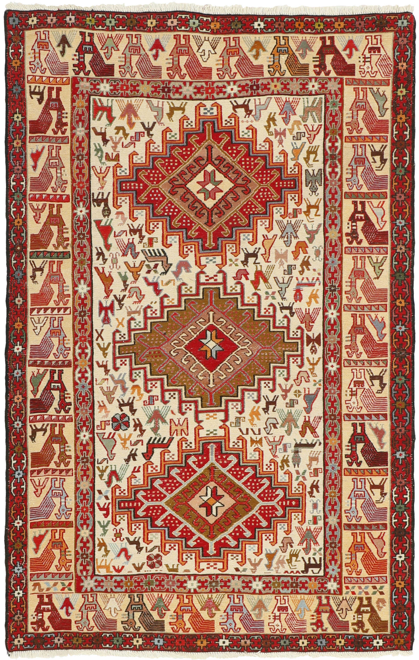 Bordered red Soumak rug with multicolour animal pattern