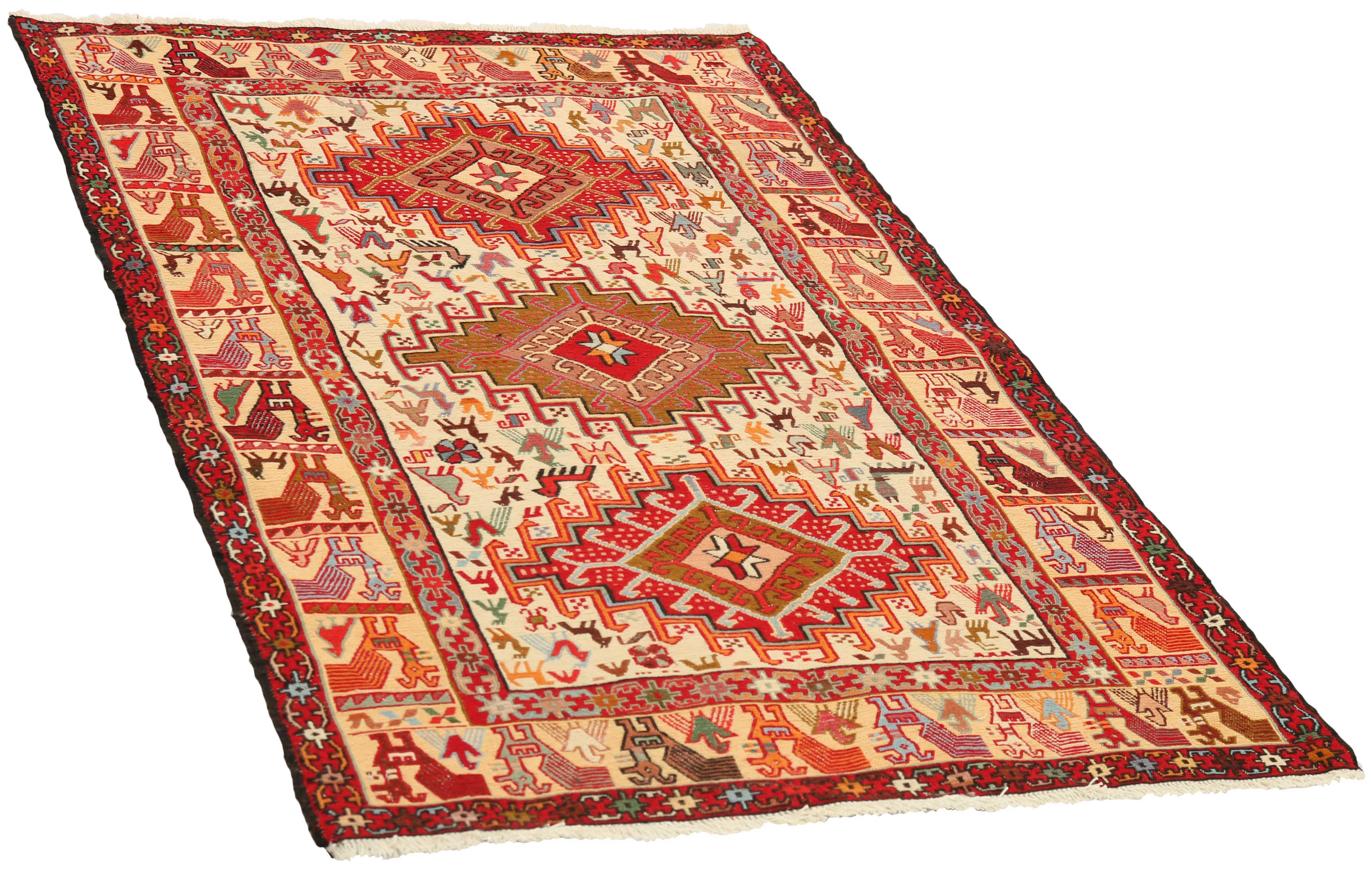 Bordered red Soumak rug with multicolour animal pattern