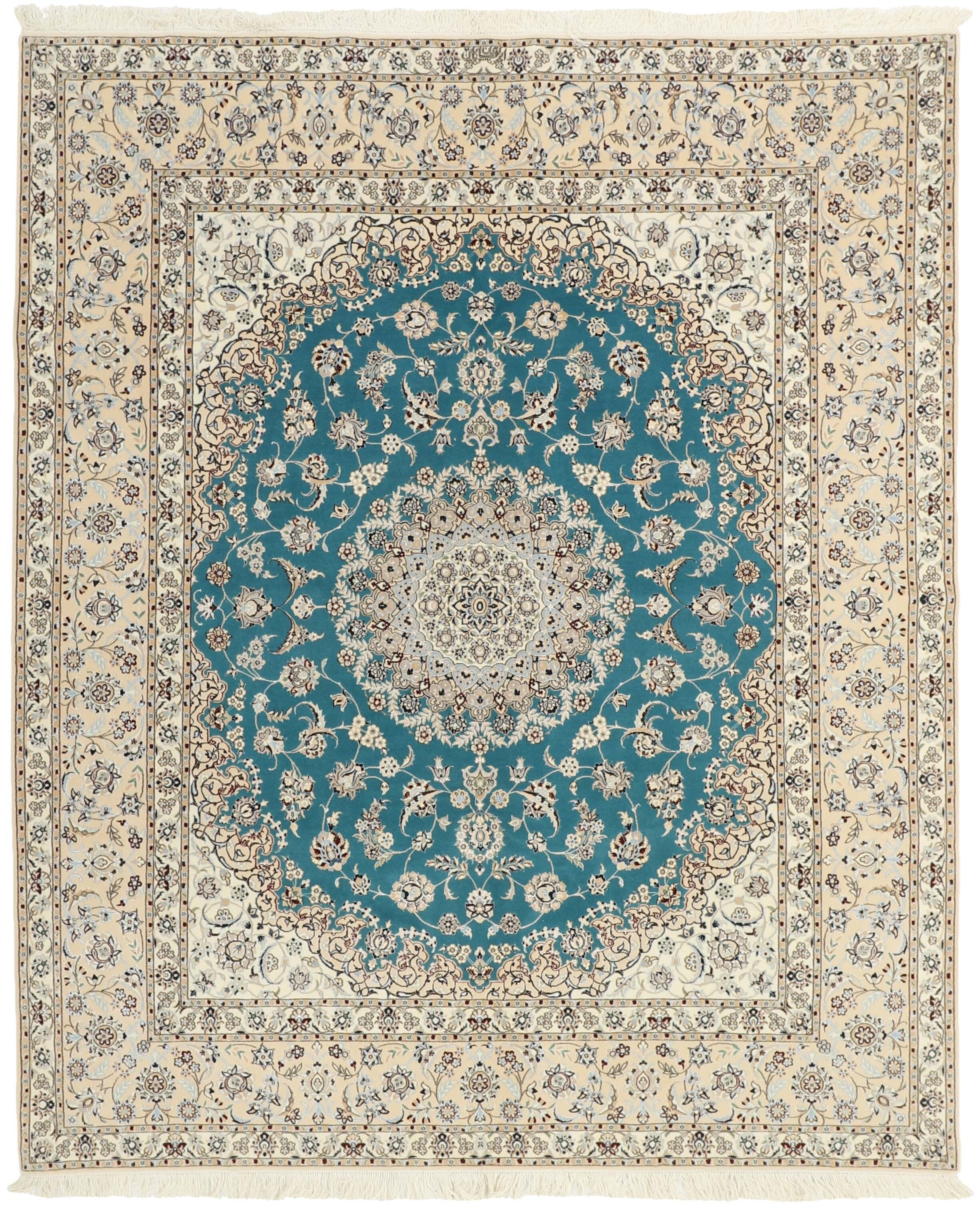 Authentic oriental rug with traditional floral design in cream, red and blue