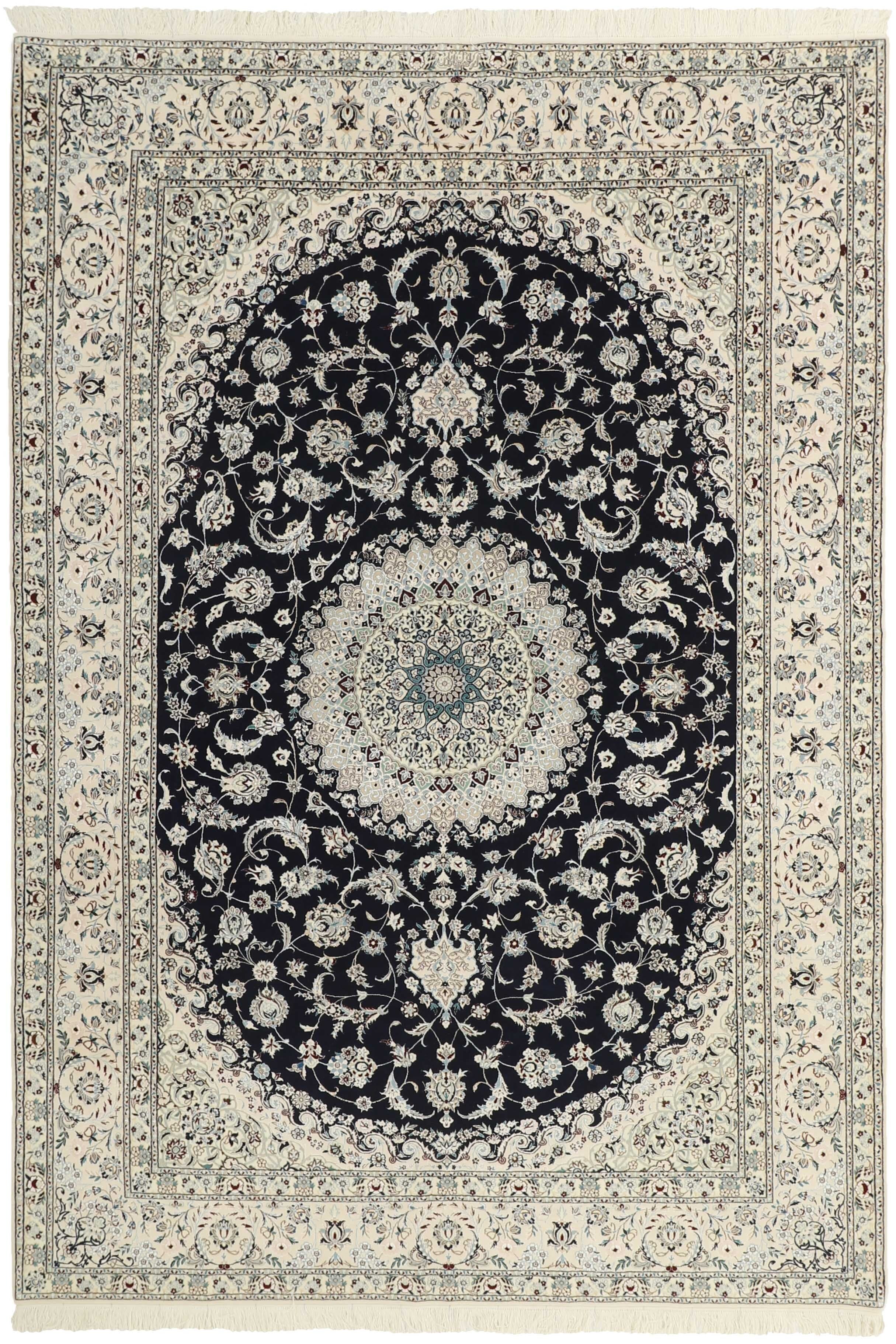 Authentic oriental rug with traditional floral design in cream, red, blue and black