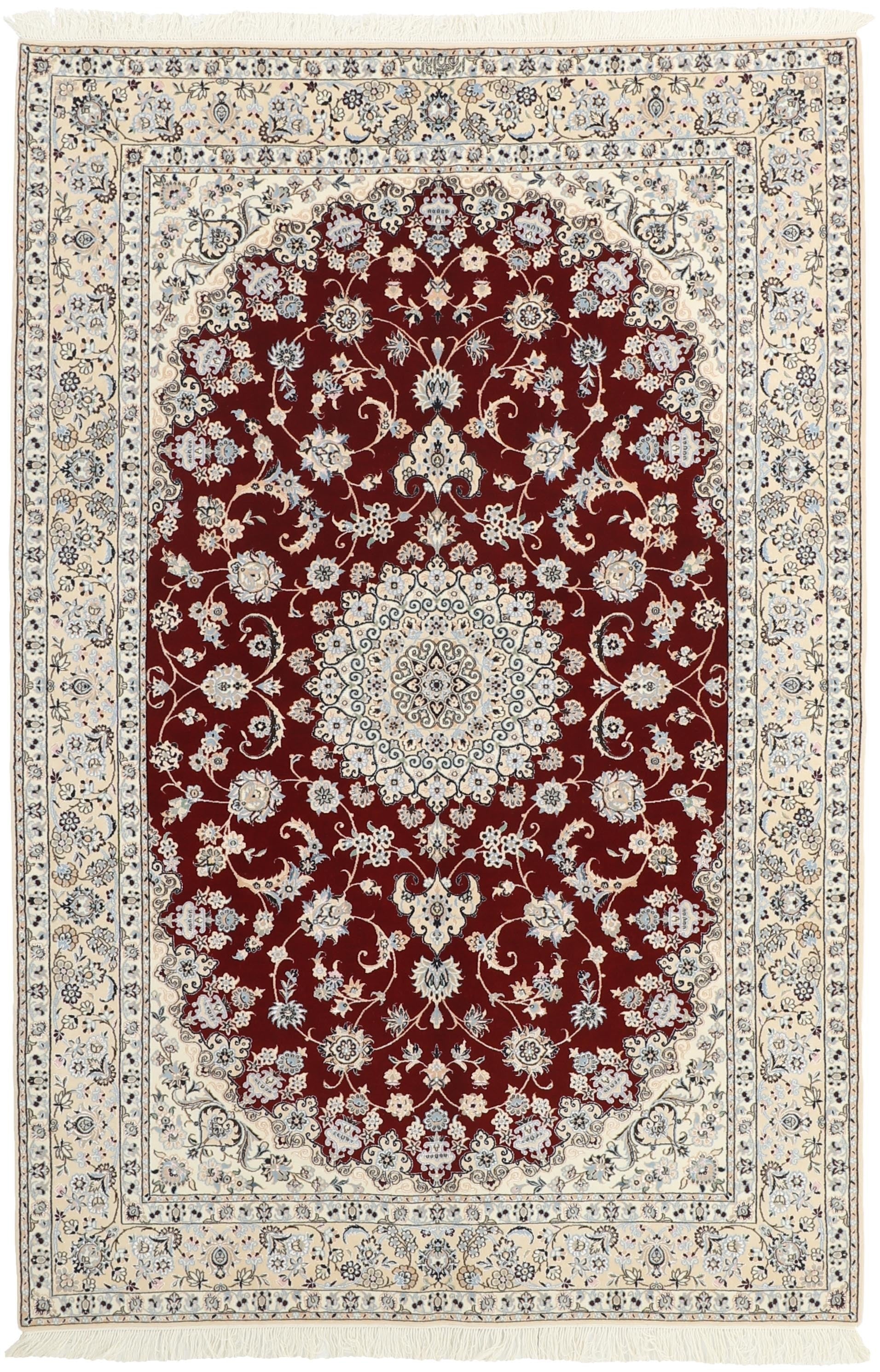 Authentic oriental rug with traditional floral design in cream, red and blue