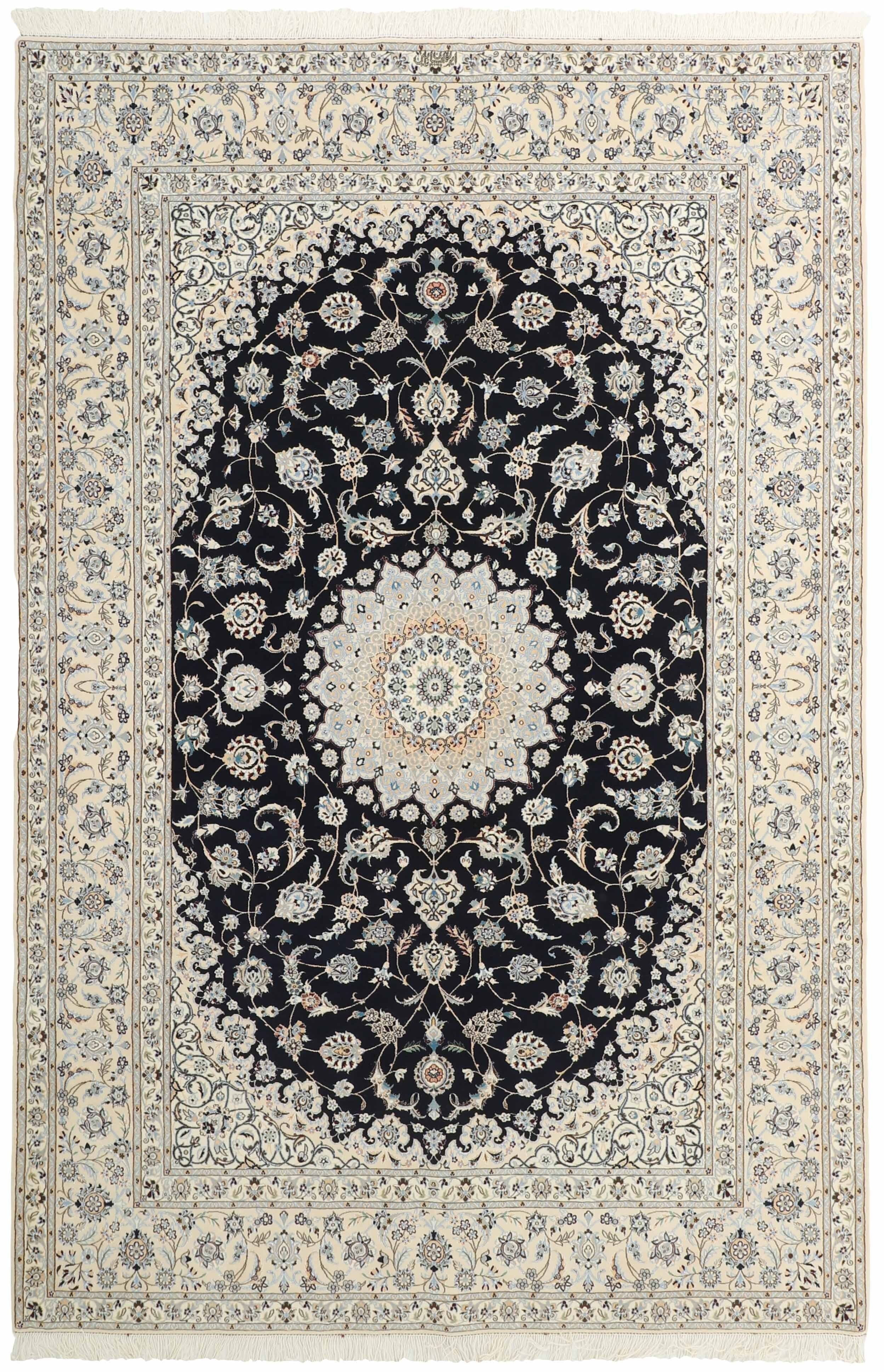 Authentic oriental rug with traditional floral design in cream, red, blue and black
