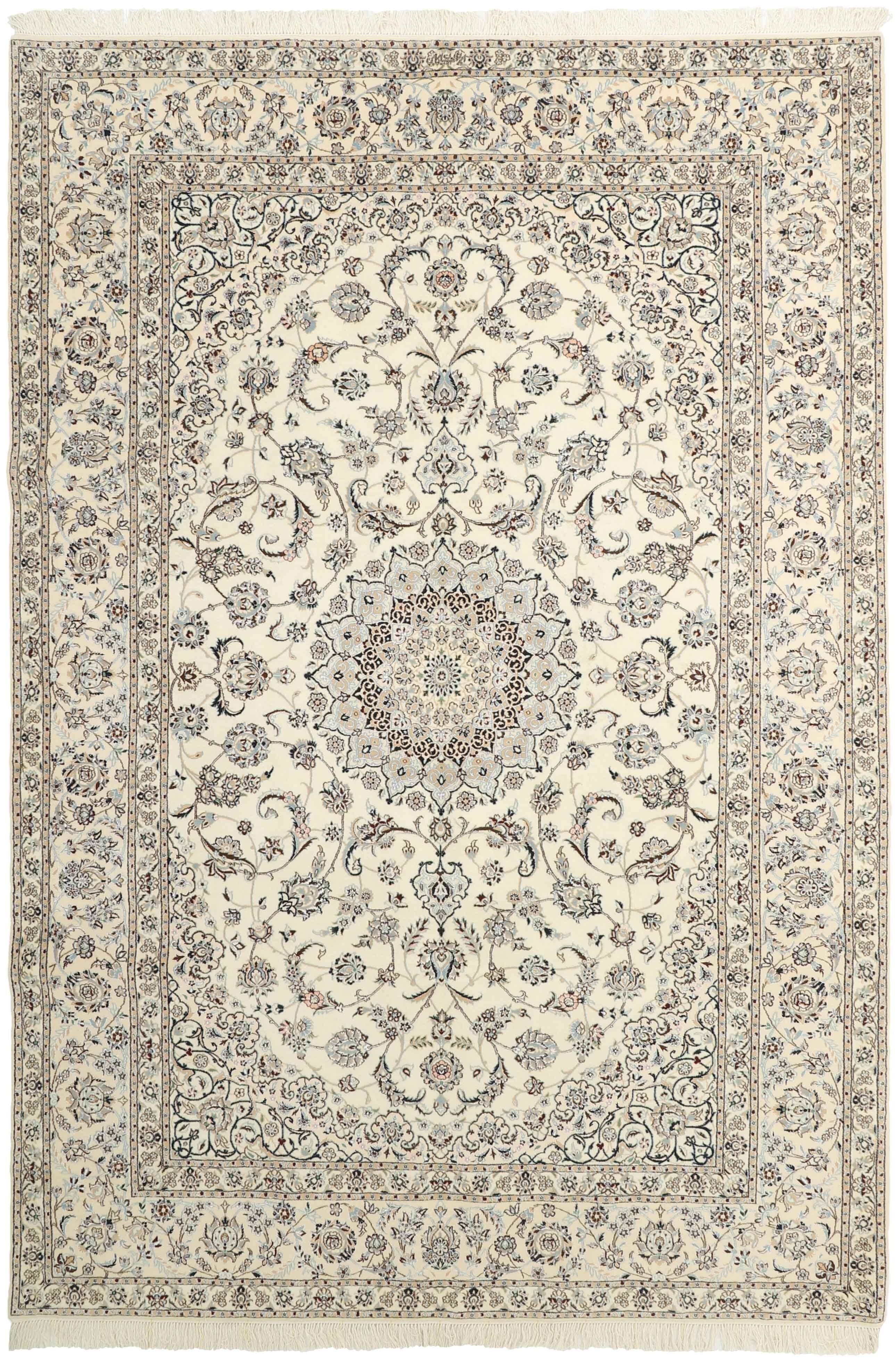 Authentic oriental rug with traditional floral design in cream, red and blue