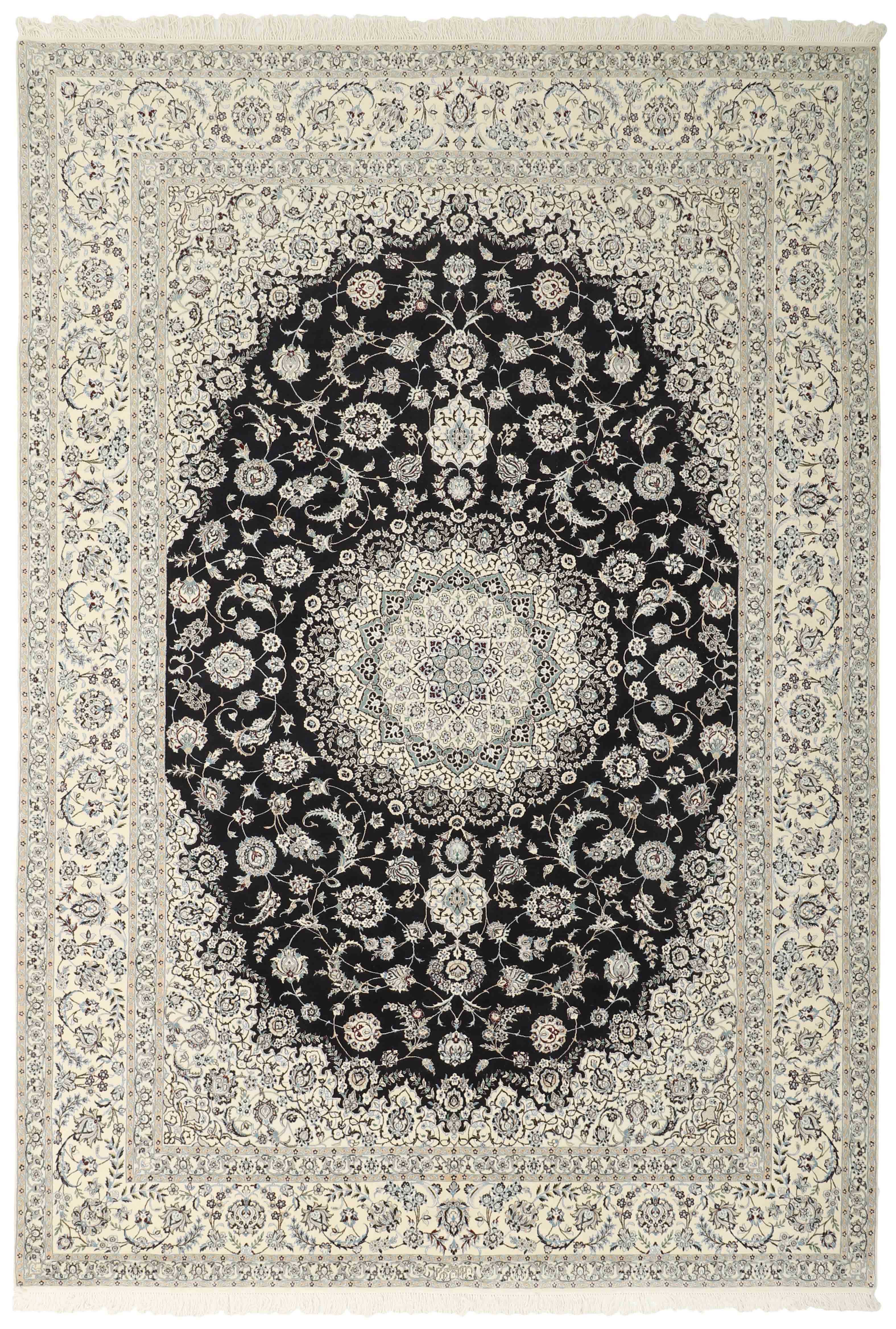 Authentic oriental rug with traditional floral design in cream and blue