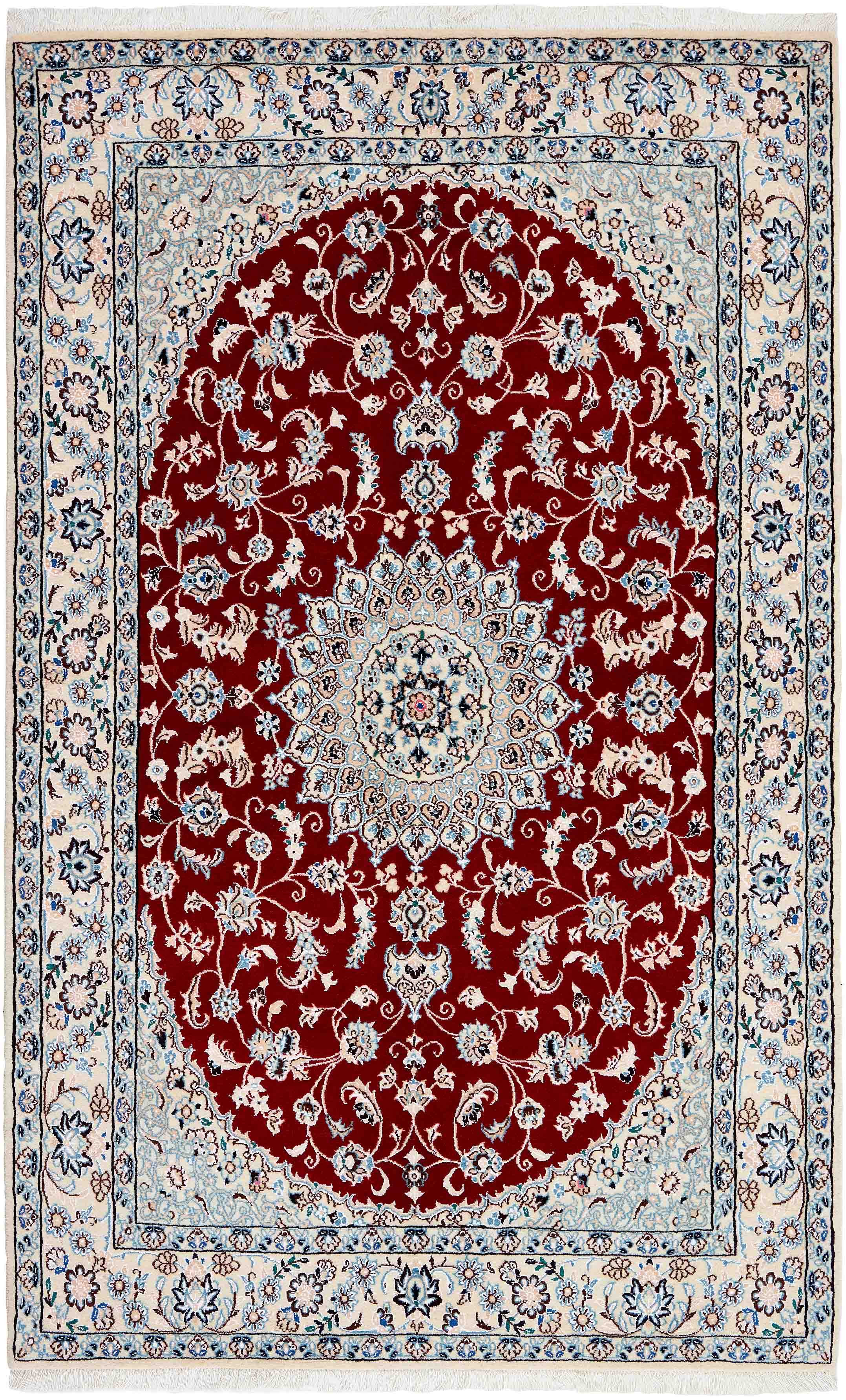 Authentic oriental rug with traditional floral design in ivory and beige