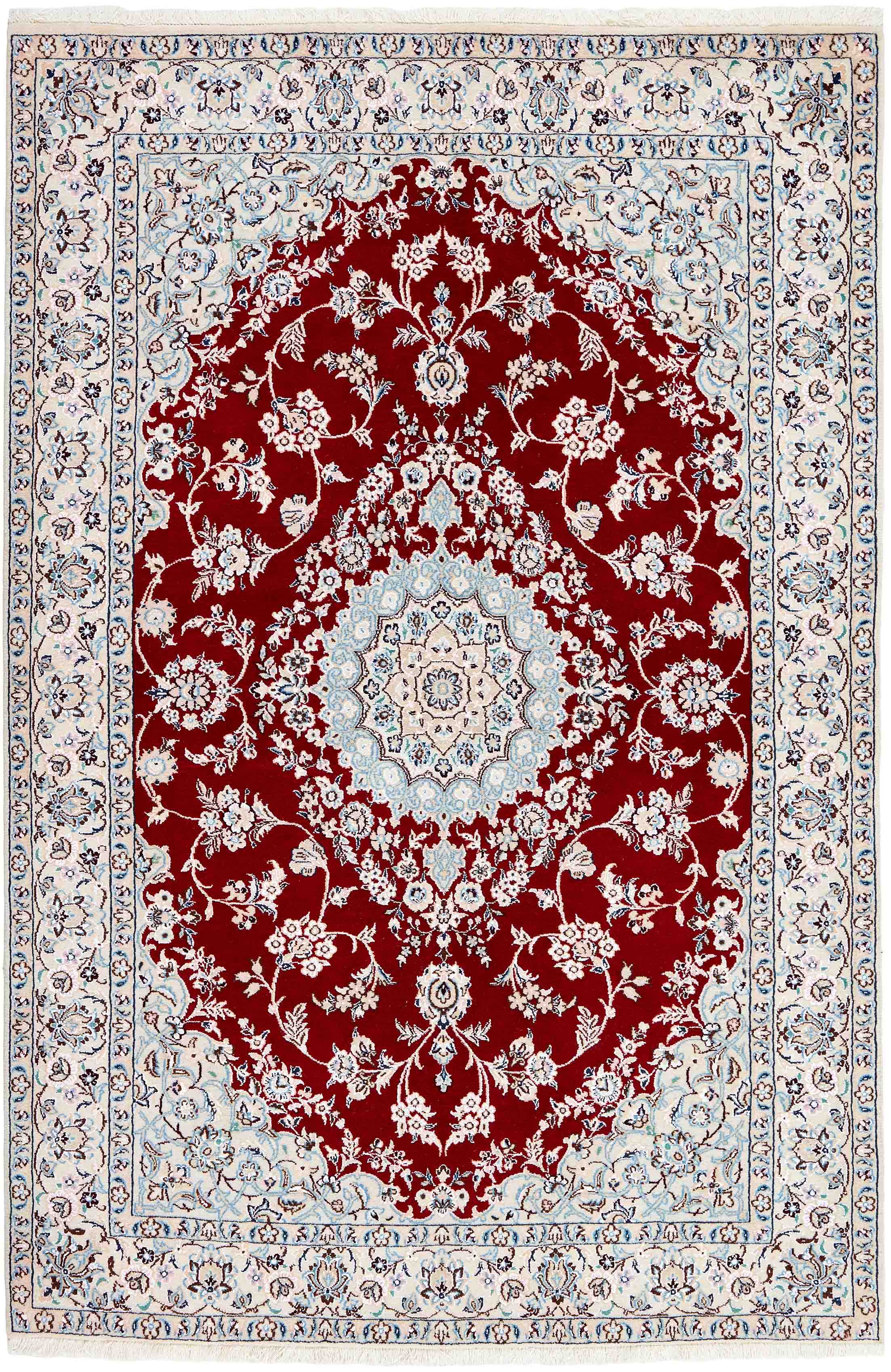 Authentic oriental rug with traditional floral design in ivory and beige