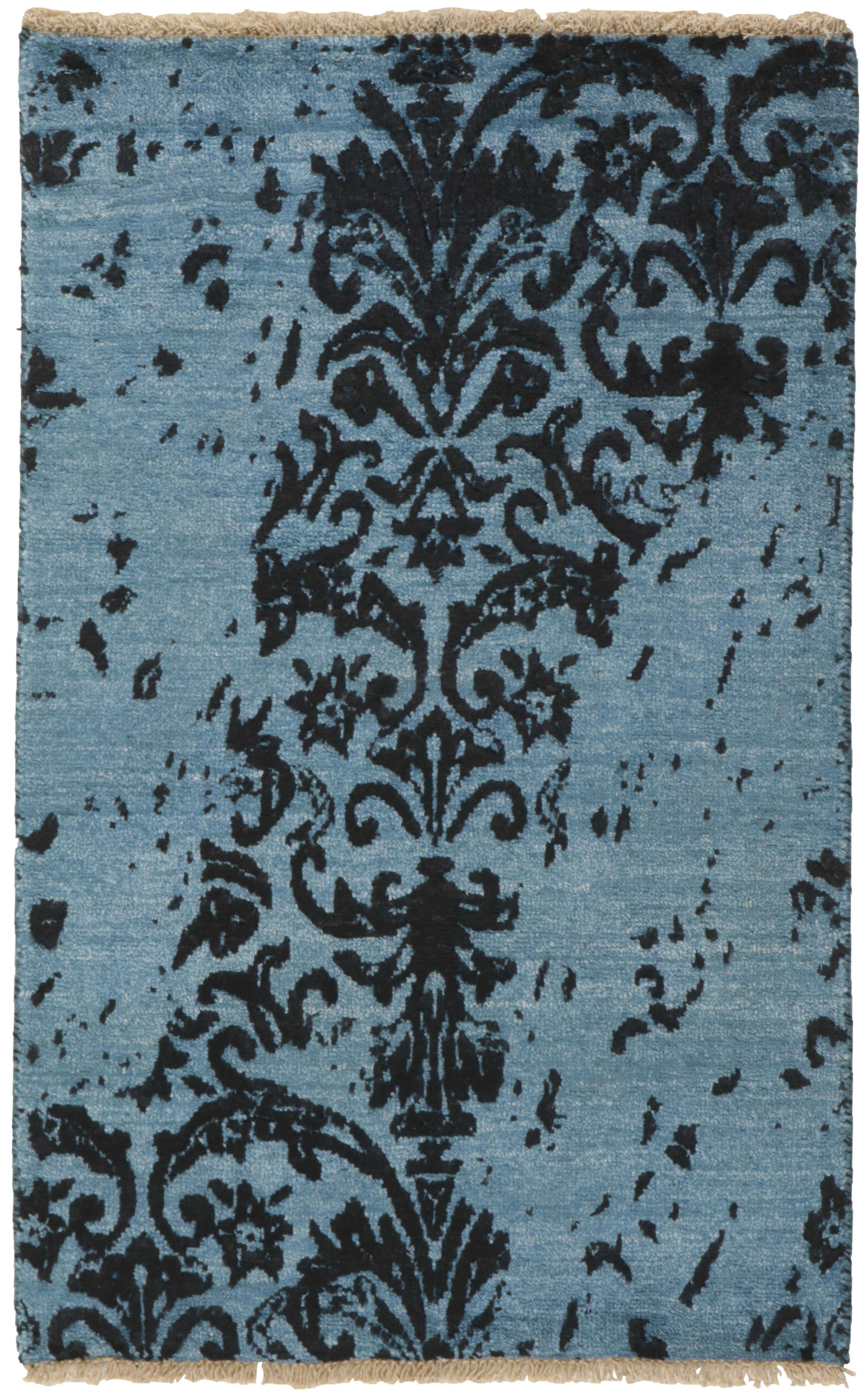 Authentic oriental rug with a damask pattern in blue and black