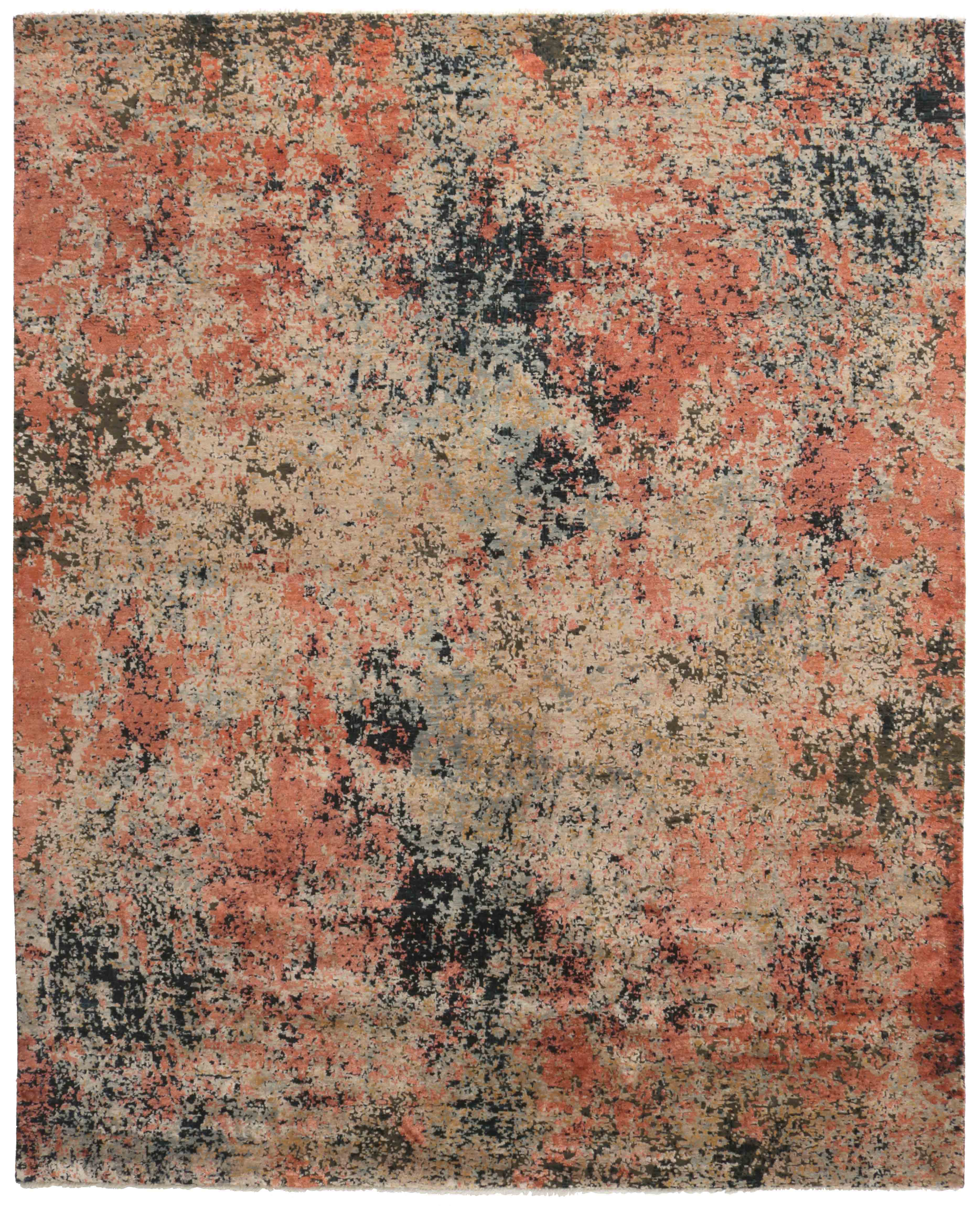 Rectangular natural beige rug with terracotta red, grey and black aztec design and black tassel border