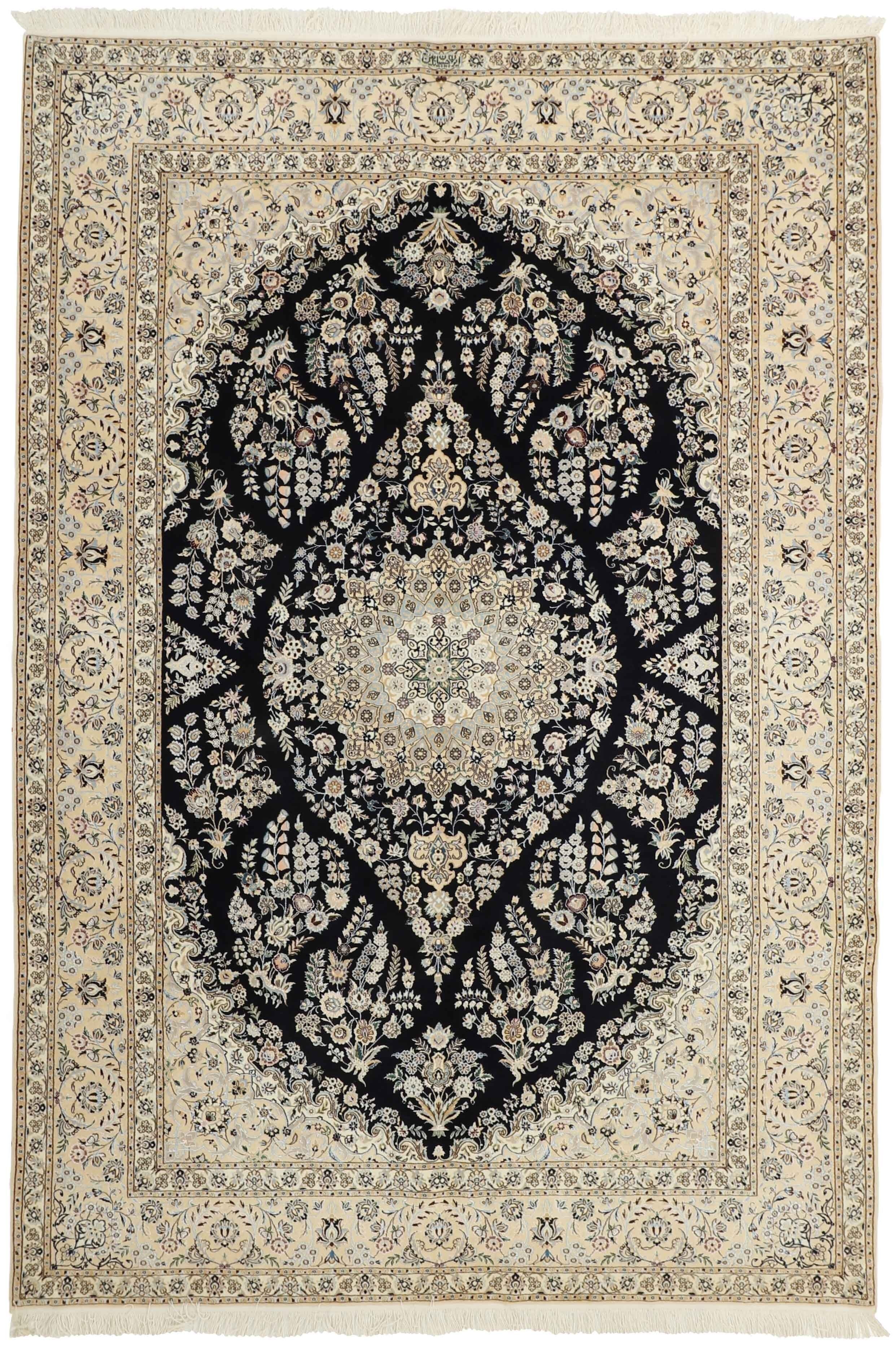 Authentic oriental rug with traditional floral design in cream, red, blue and black